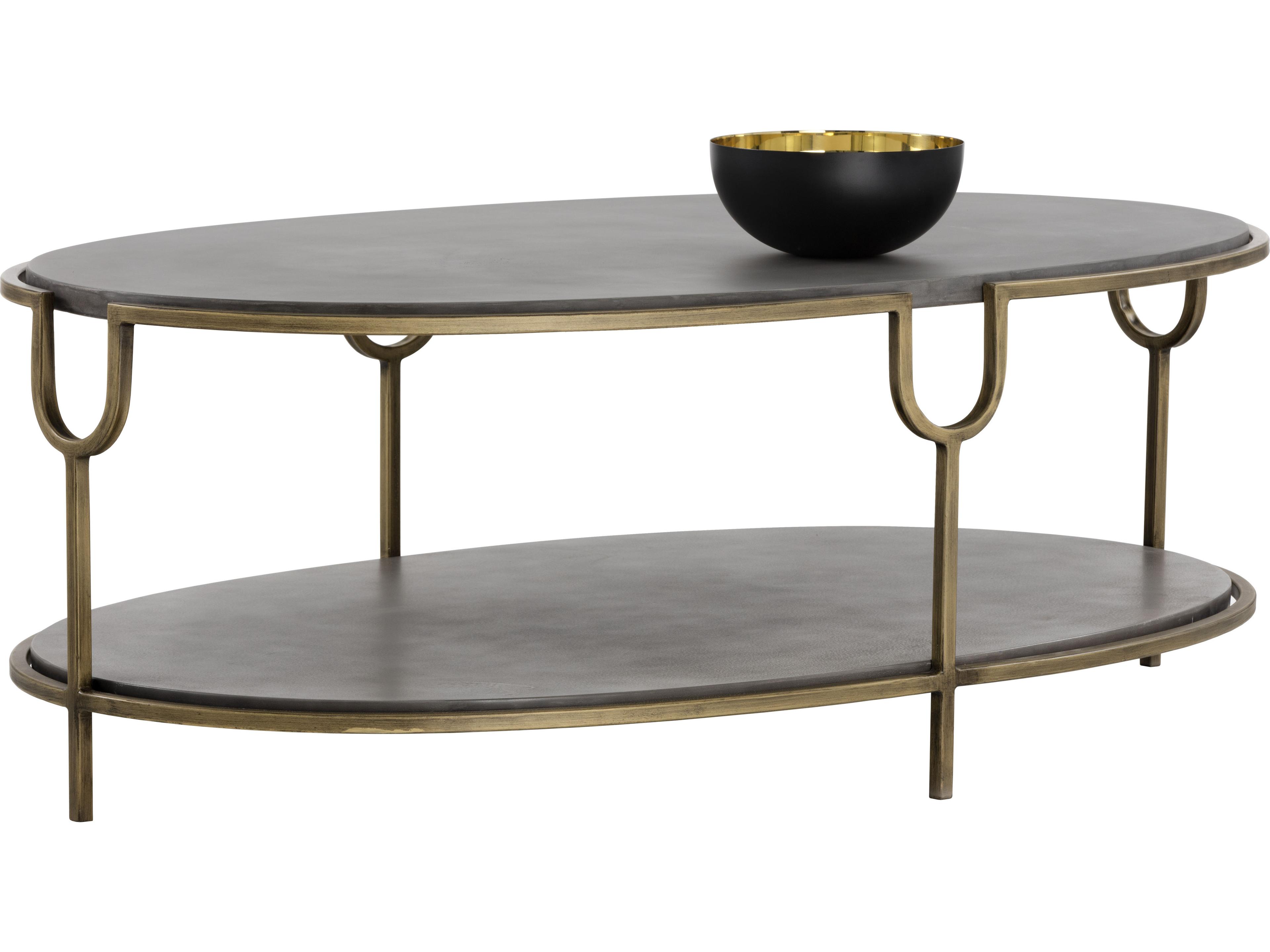 Sunpan Mixt Arya Oval Concrete Grey Antique Brass Coffee Table