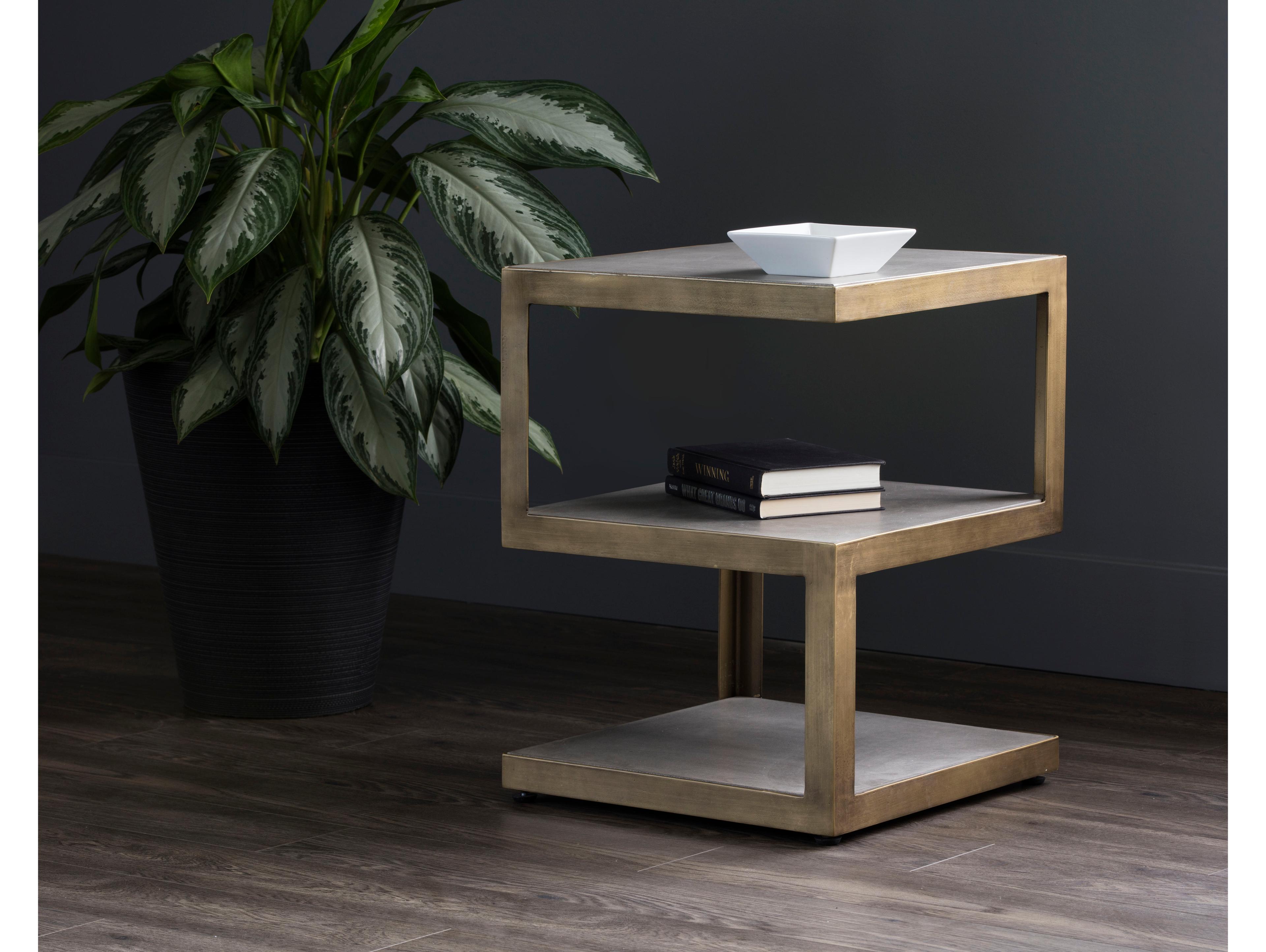 Sunpan Solterra Rubix Square Concrete Grey Antique Brass End Table