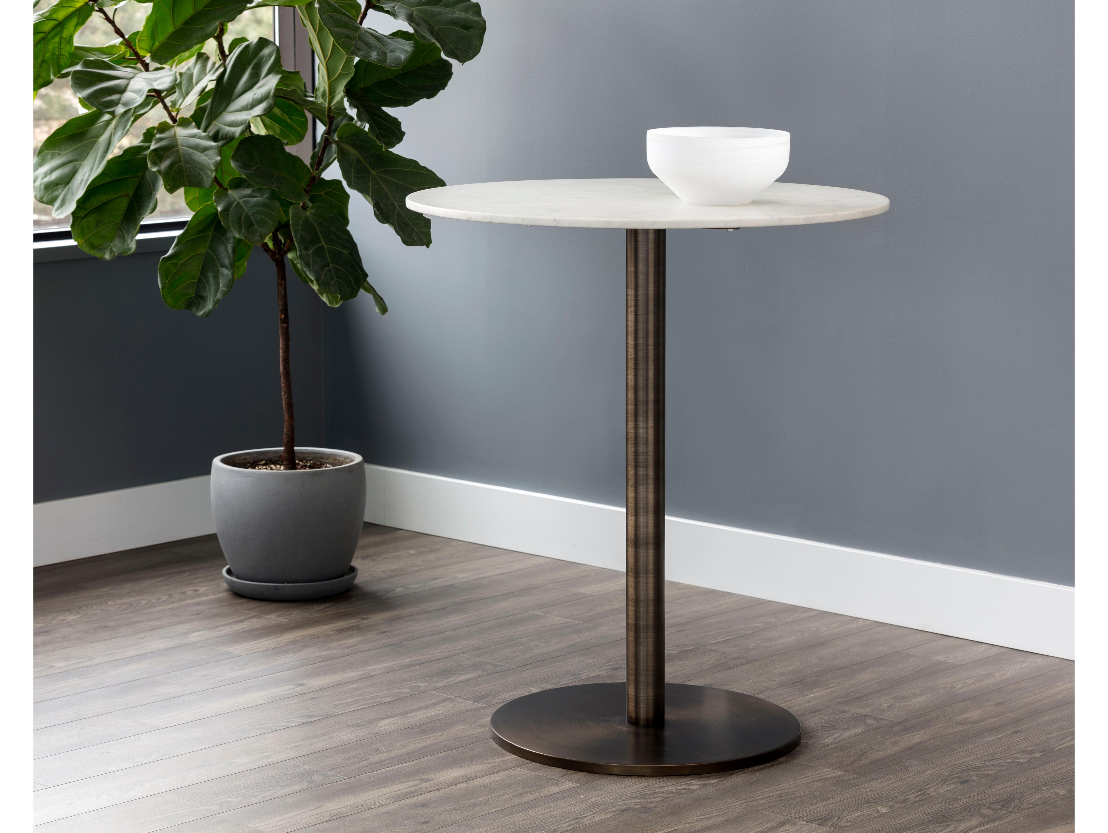 Sunpan Ikon White Antique Bronze Round Marble Bar Table