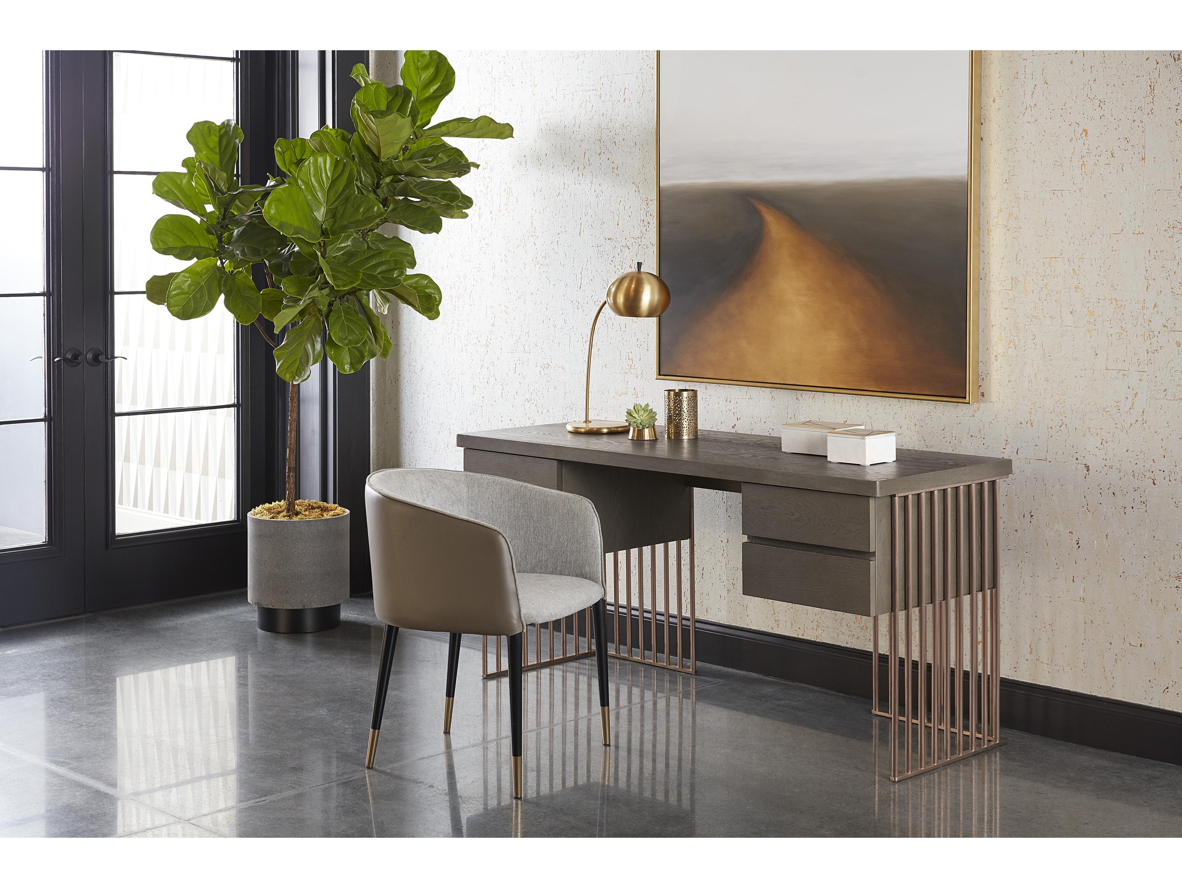 Sunpan Ikon Asher Leather Gray Upholstered Arm Dining Chair