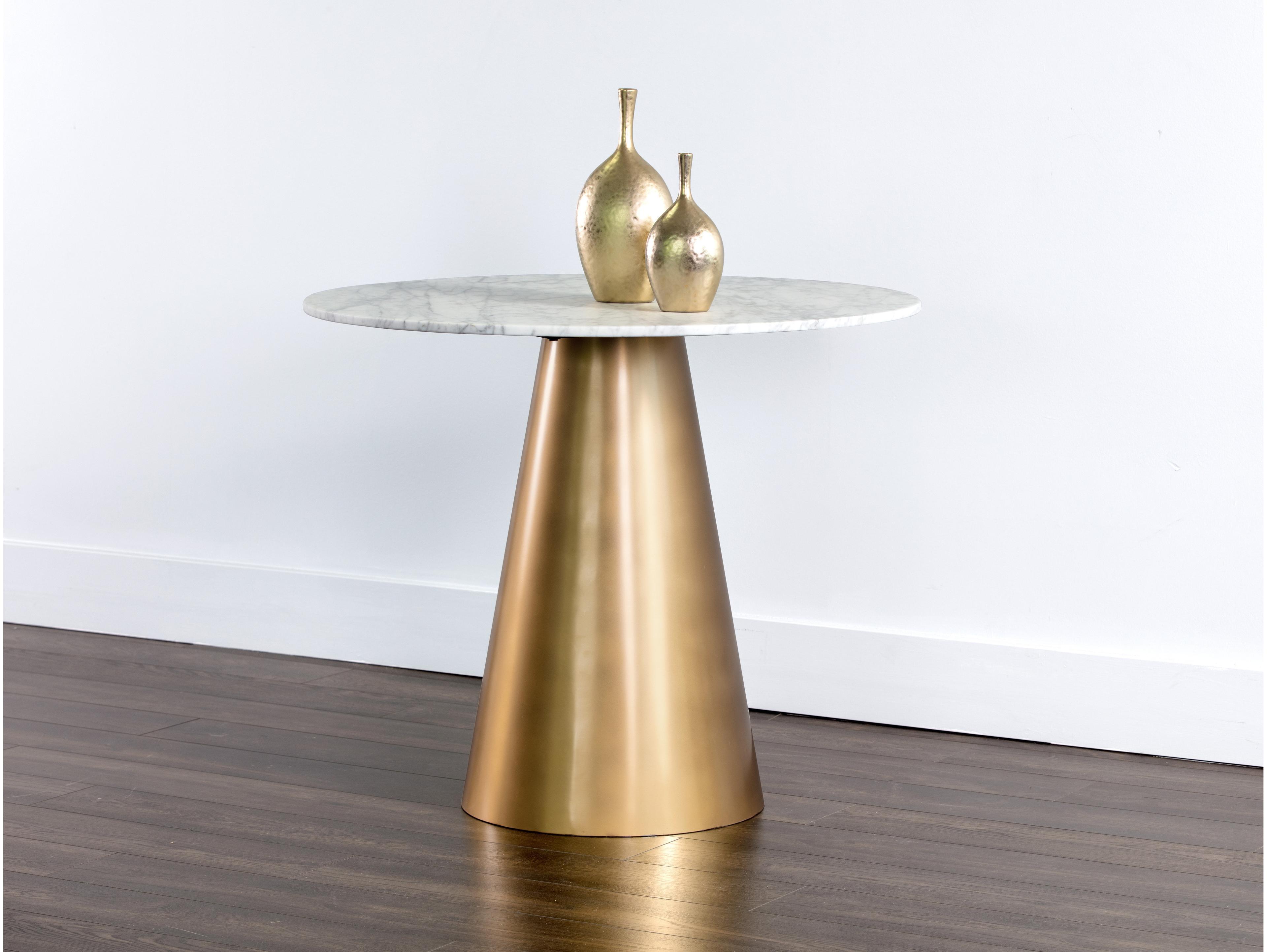 Sunpan Ikon Damon Round Marble White Gold Dining Table