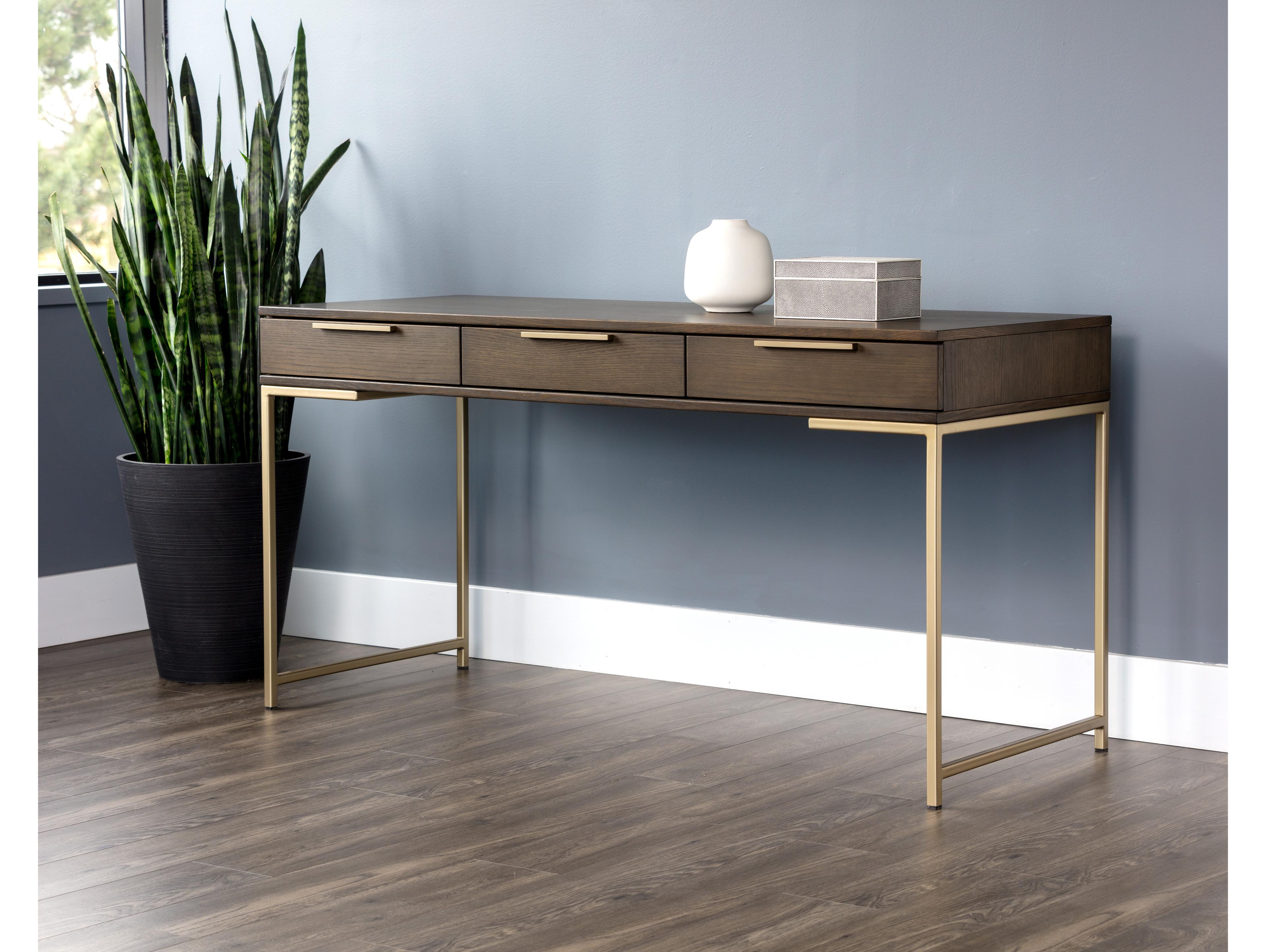 Sunpan Artezia Rebel Umber Brown Gold Oak Wood Secretary Desk