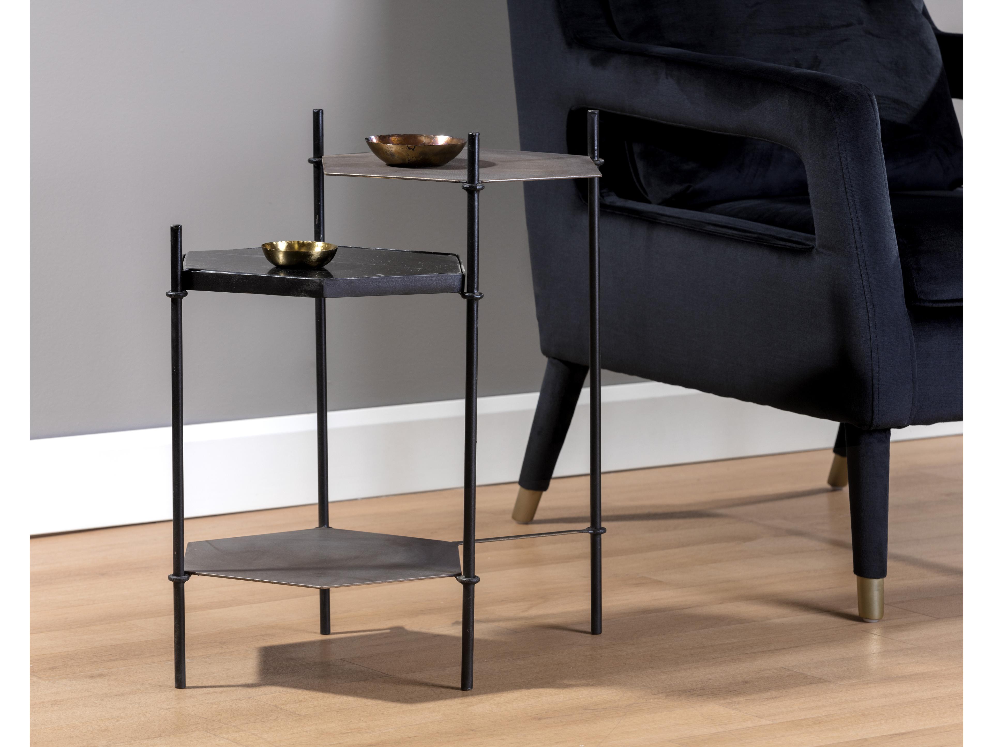 Sunpan Hexall Round Marble Black Antique Brass End Table