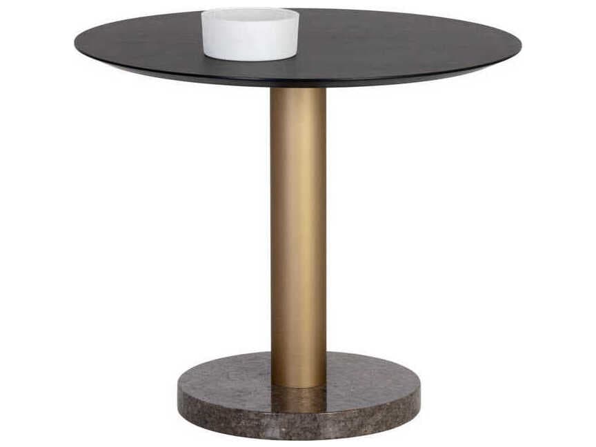 Sunpan Monaco Round Gold Grey Marble Charcoal Dining Table