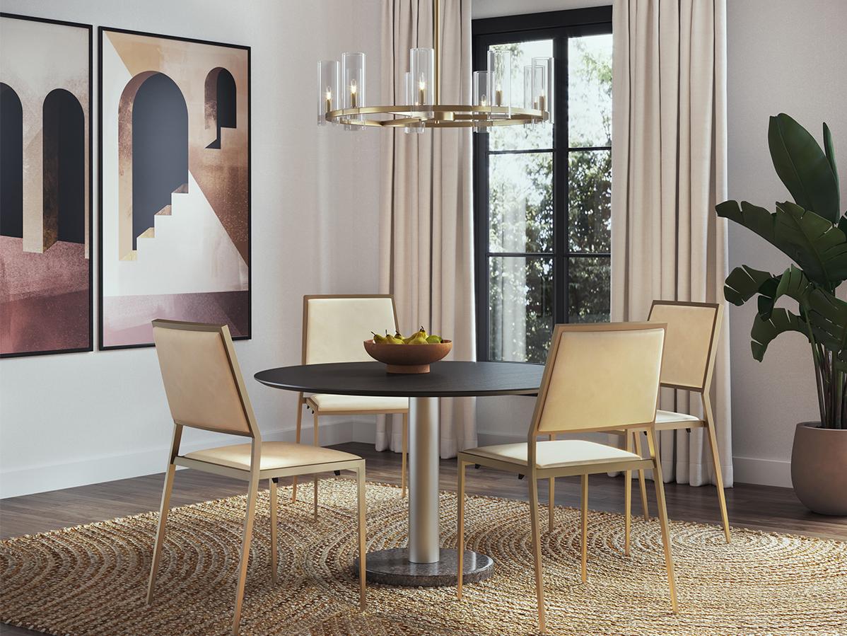 Sunpan Monaco Round Wood Gold Grey Marble Charcoal Dining Table