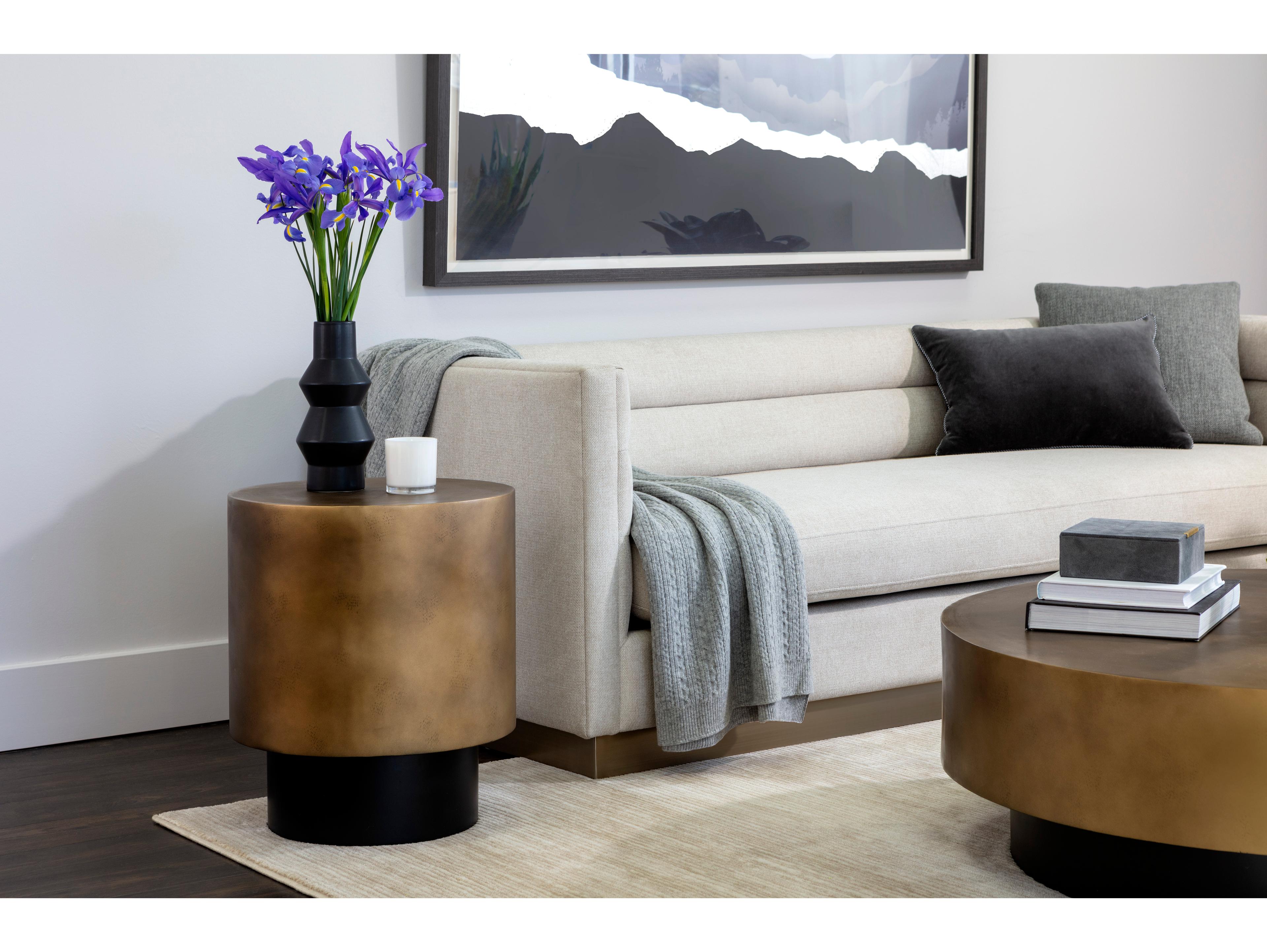 Sunpan Bernaby Round Metal Antique Brass Black End Table