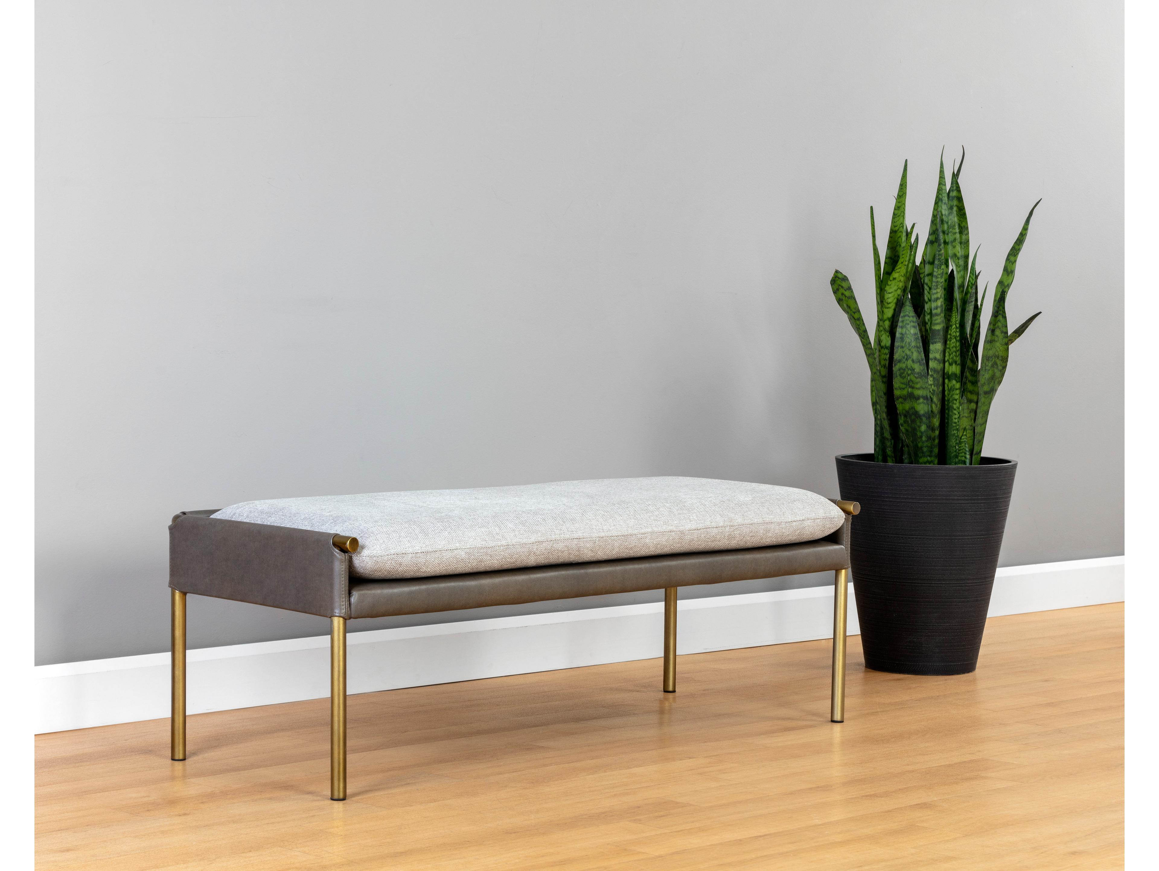 Sunpan Ikon Antique Brass Gray Upholstered Accent Bench