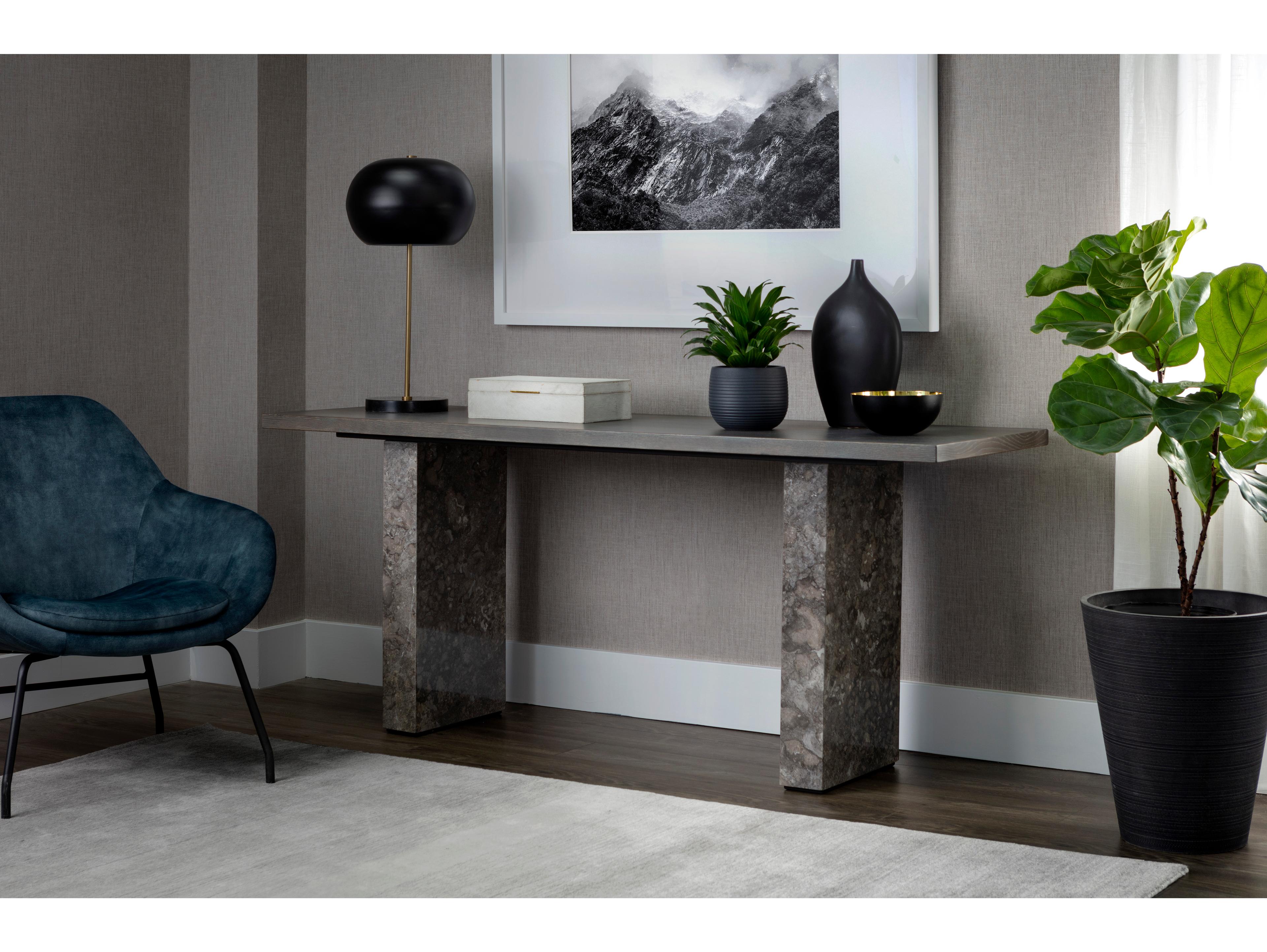 Sunpan Rebel Rectangular Wood Grey Marble Charcoal Console Table