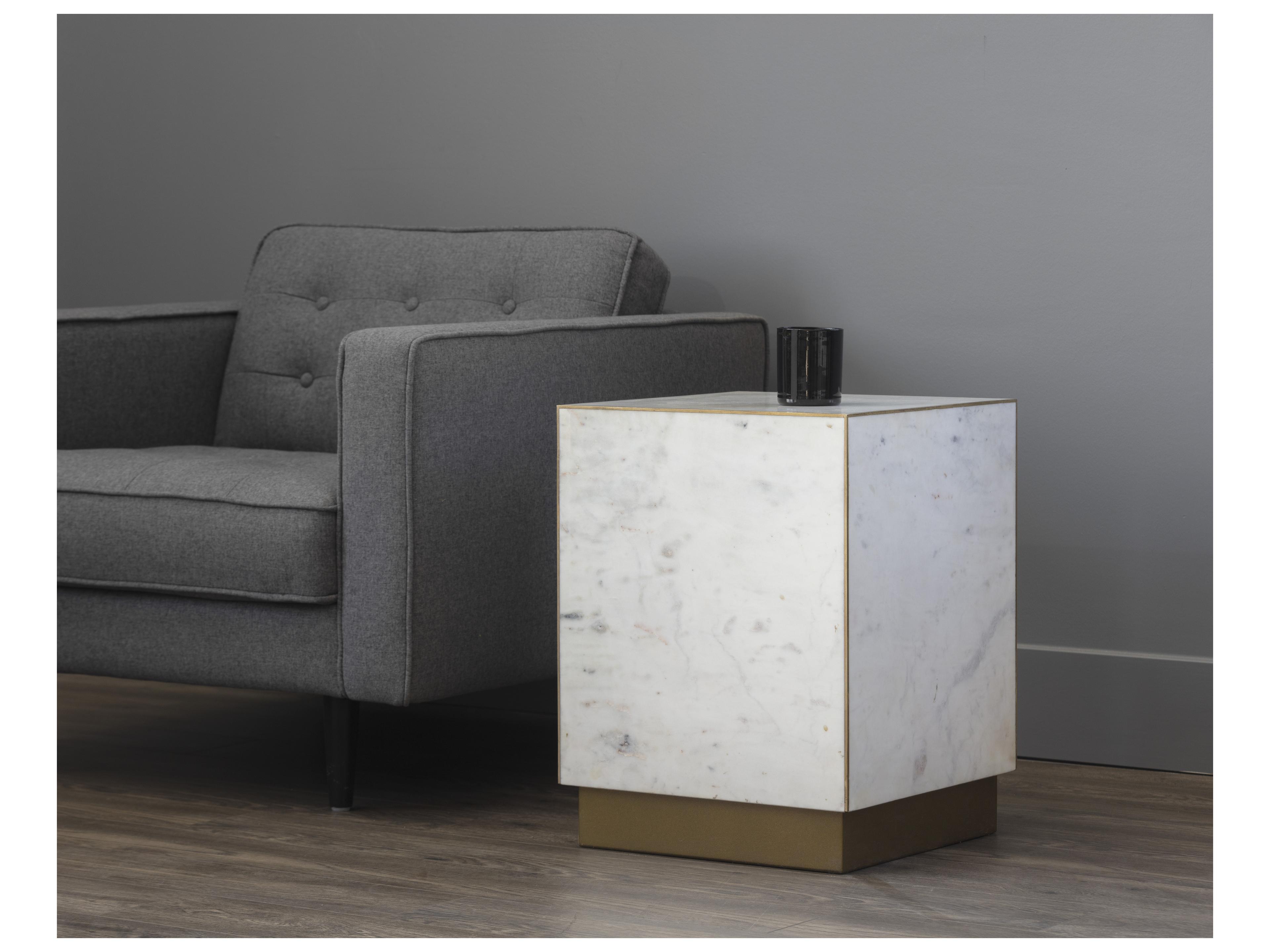 Sunpan Daines Square Marble White Antique Brass End Table