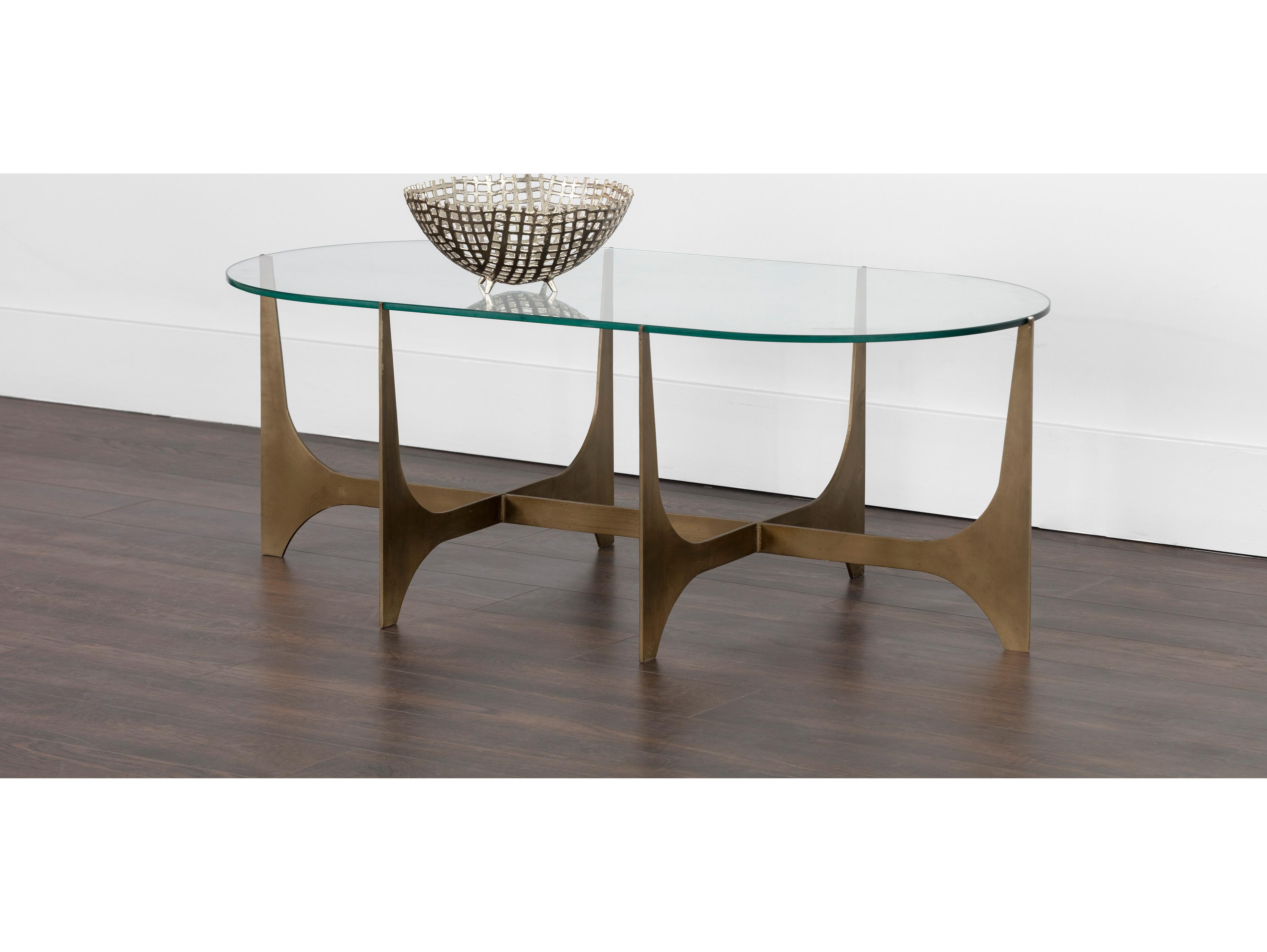 Sunpan Juliane Oval Glass Clear Antique Brass Coffee Table