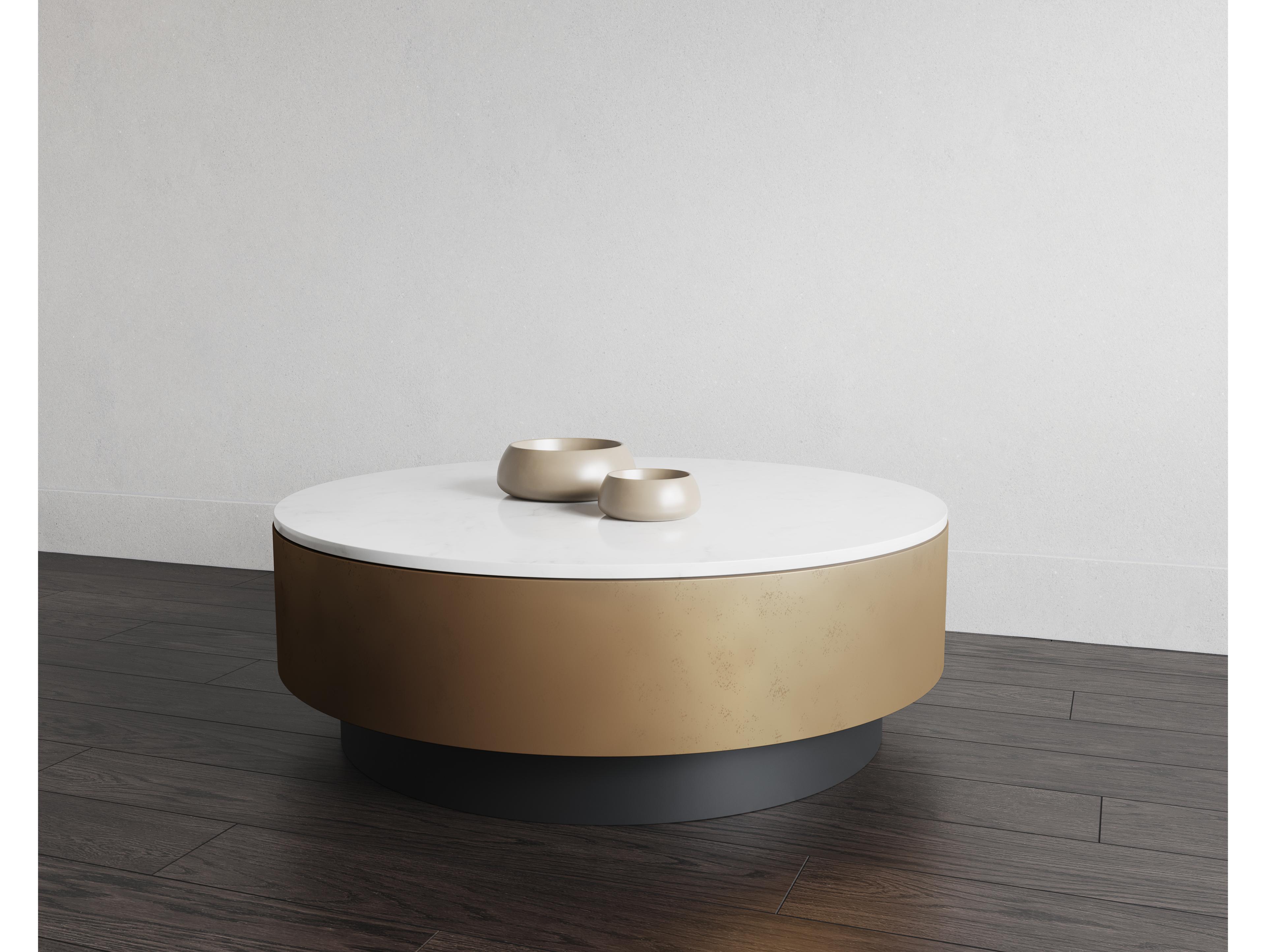 Sunpan Zelda Round Marble White Black Antique Brass Coffee Table