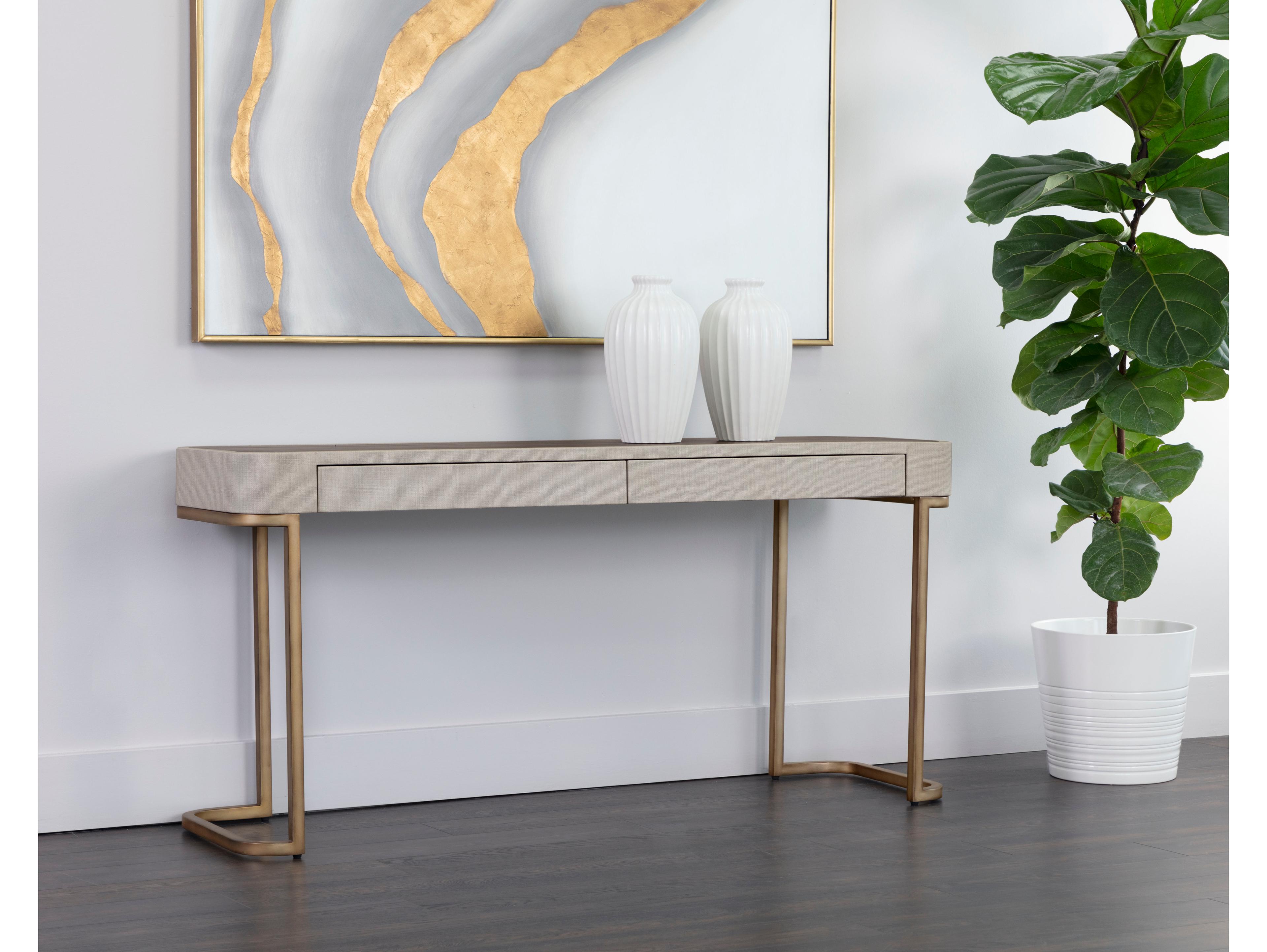 Sunpan Jamille Rectangular Wood Cream Warm Brass Console Table