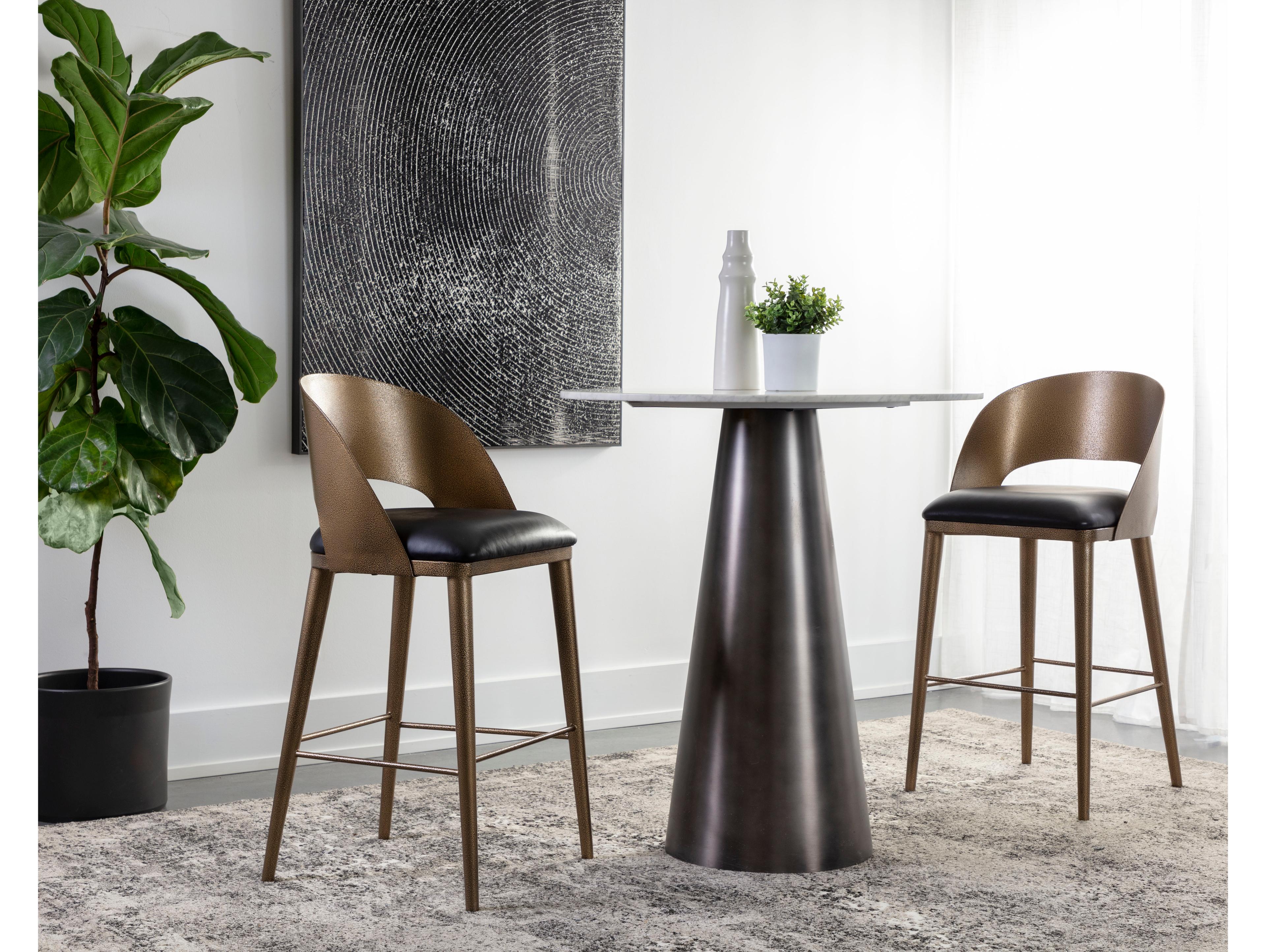 Sunpan Dezirae Antique Brass Charcoal Black Leather Bar Stool