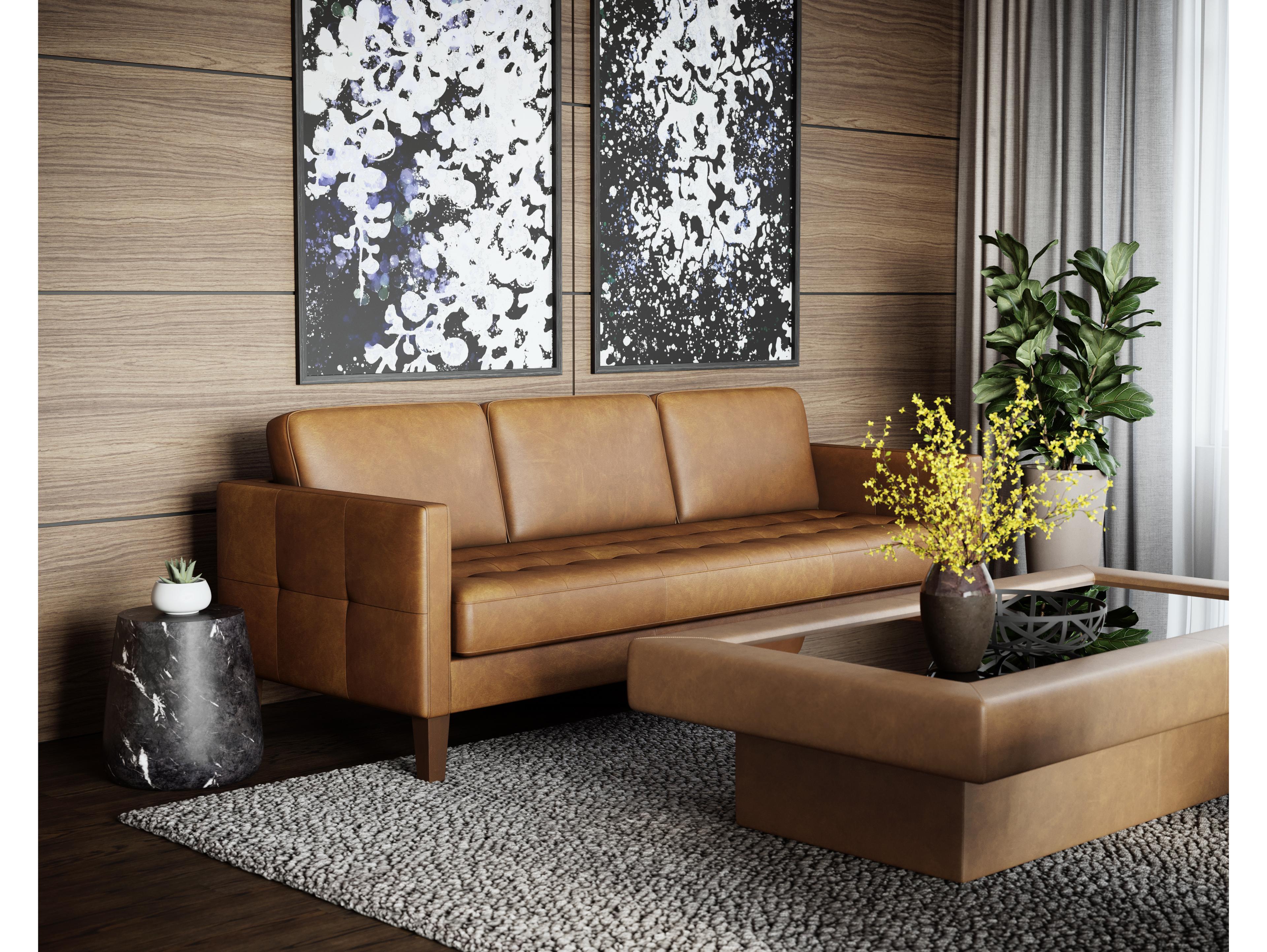 Sunpan Karmelo Cognac Leather Brown Upholstered Sofa