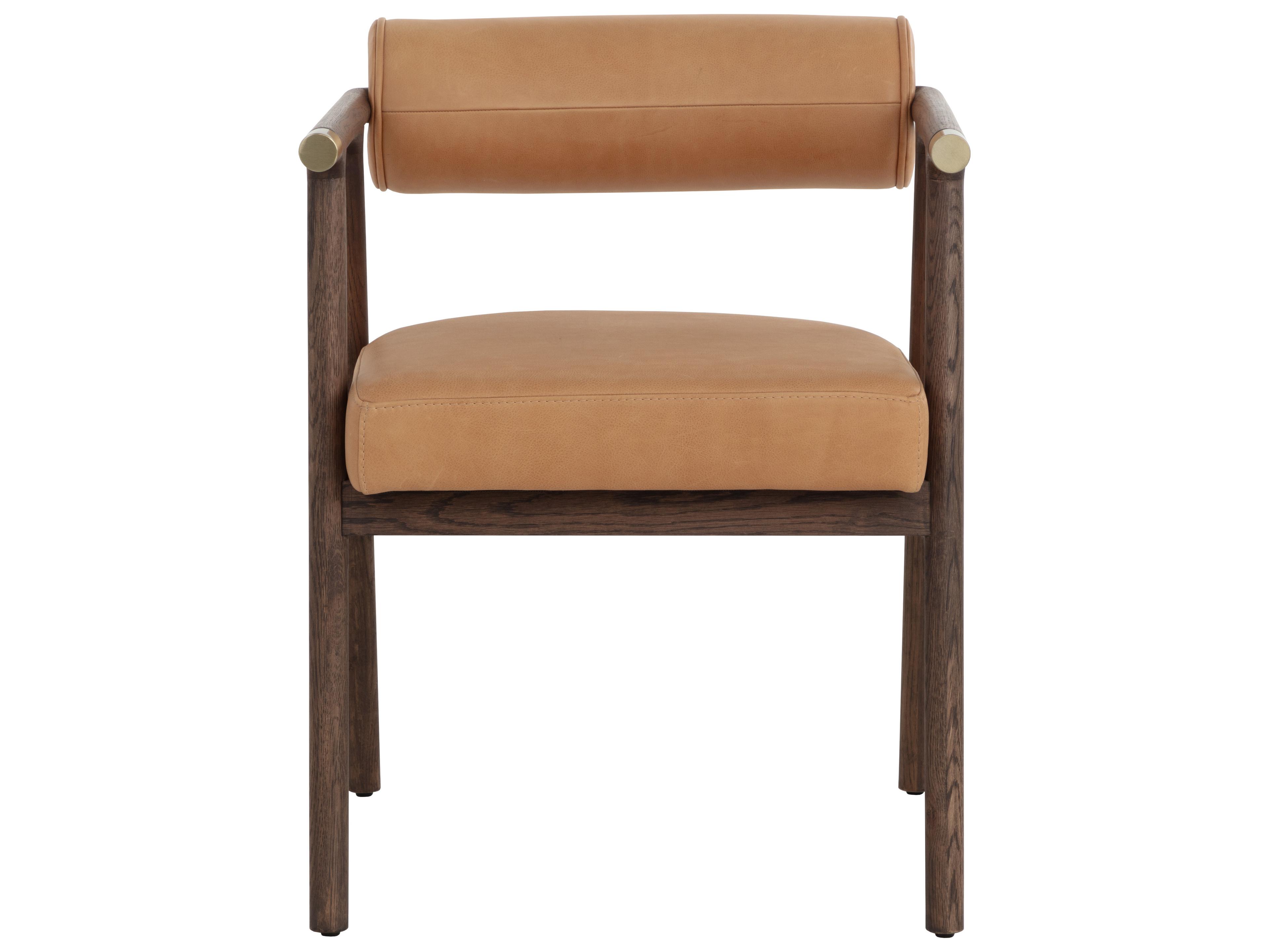 Sunpan Sova Oak Wood Brown Leather Arm Dining Chair