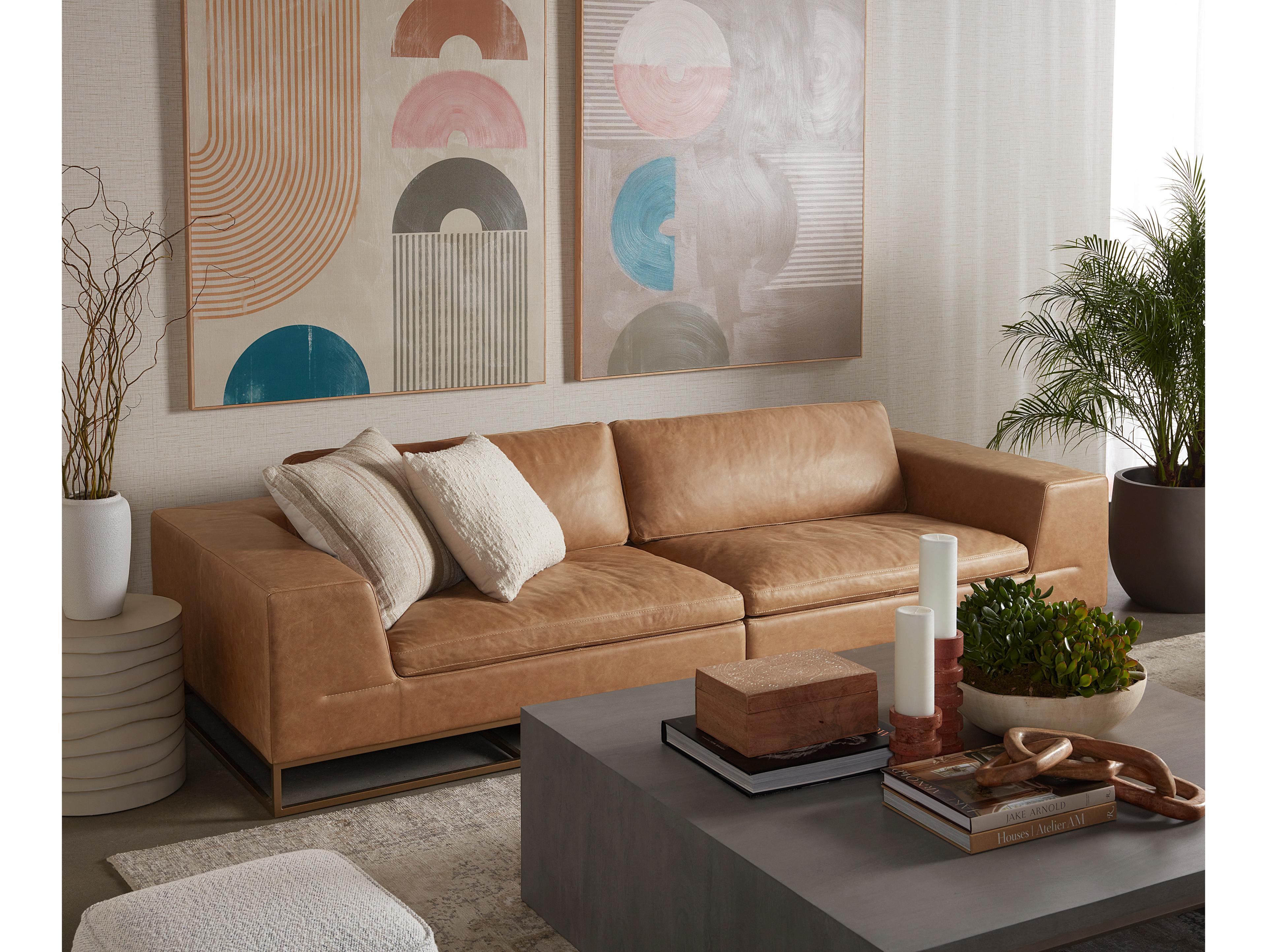 Sunpan Ira Camel Leather Brown Upholstered Sofa