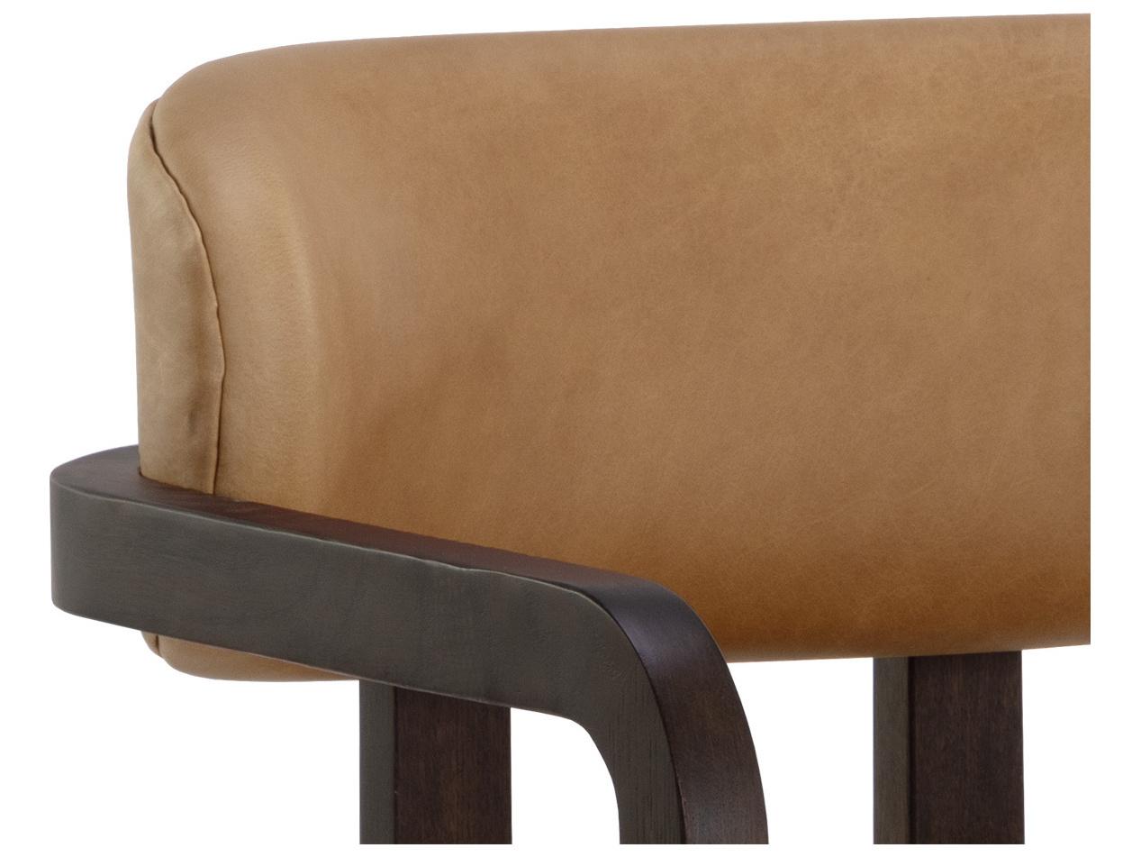 Sunpan Madrone Oak Wood Brown Leather Arm Dining Chair