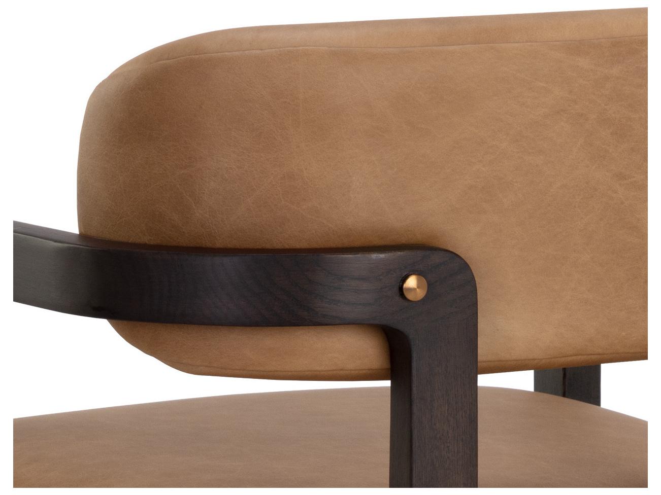 Sunpan Madrone Oak Wood Brown Leather Arm Dining Chair