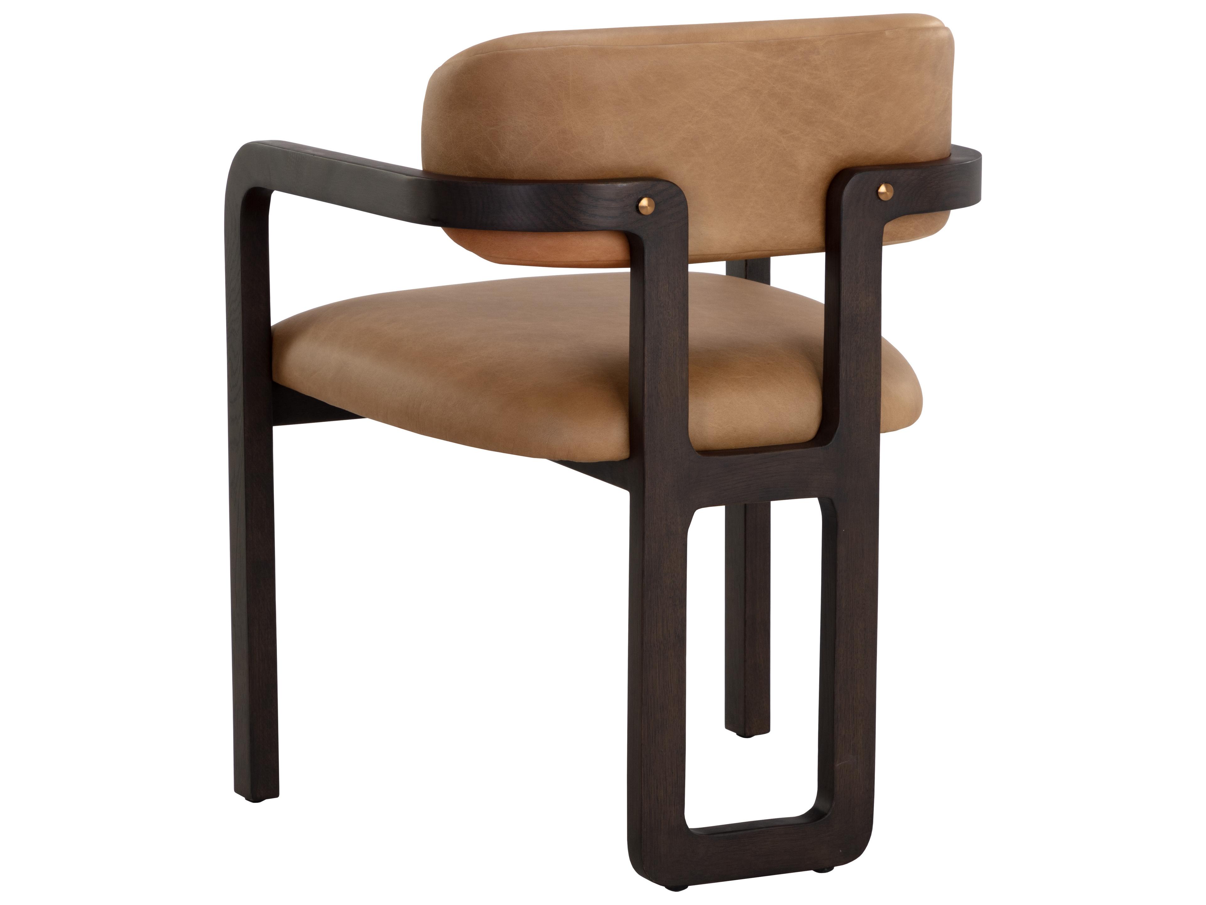 Sunpan Madrone Oak Wood Brown Leather Arm Dining Chair