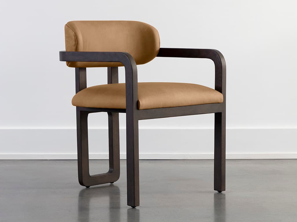 Sunpan Madrone Oak Wood Brown Leather Arm Dining Chair