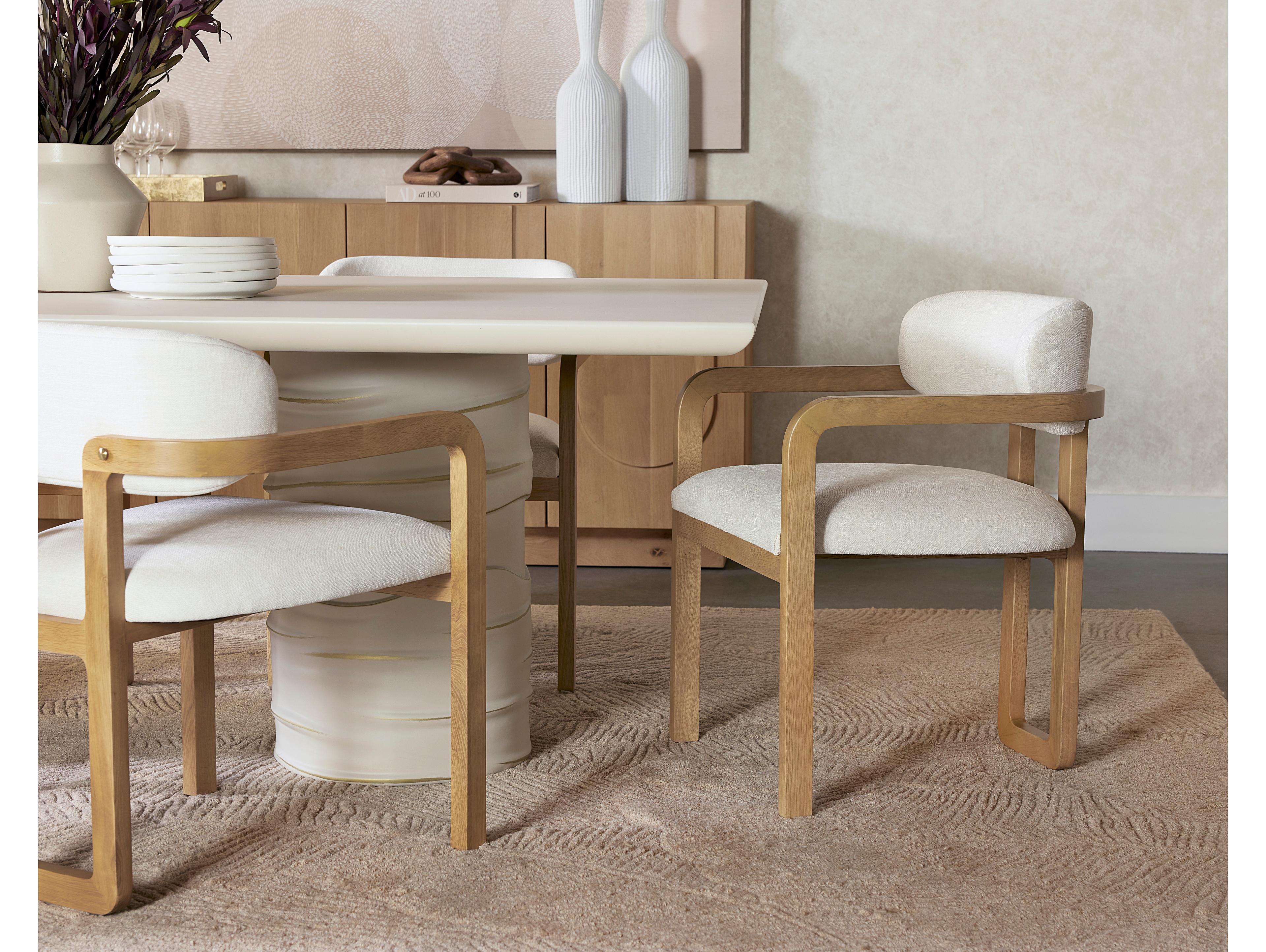 Sunpan Madrone Oak Wood Upholstered Arm Dining Chair