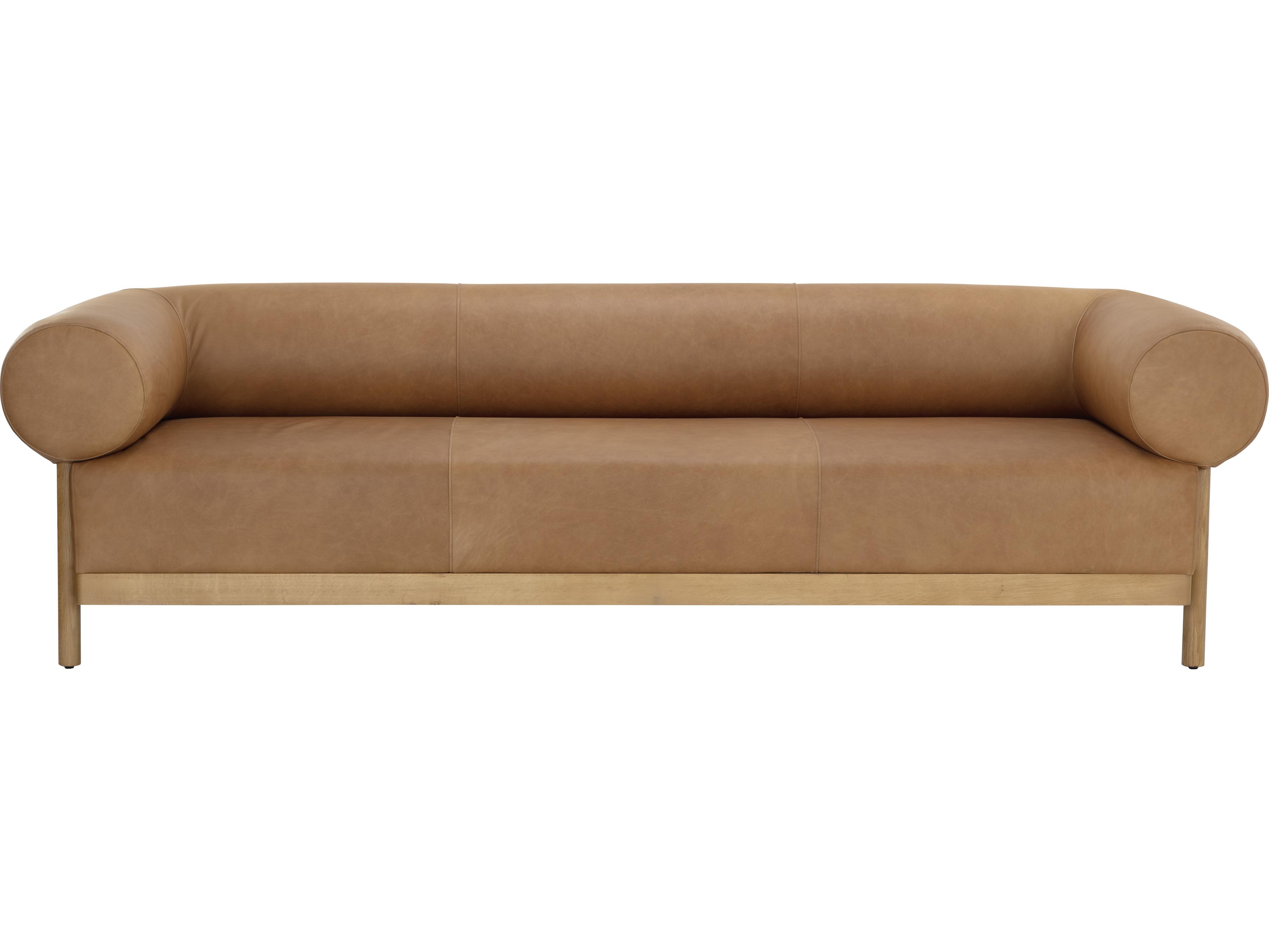 Sunpan Bromley Rustic Oak Ludlow Sesame Leather Brown Upholstered Sofa