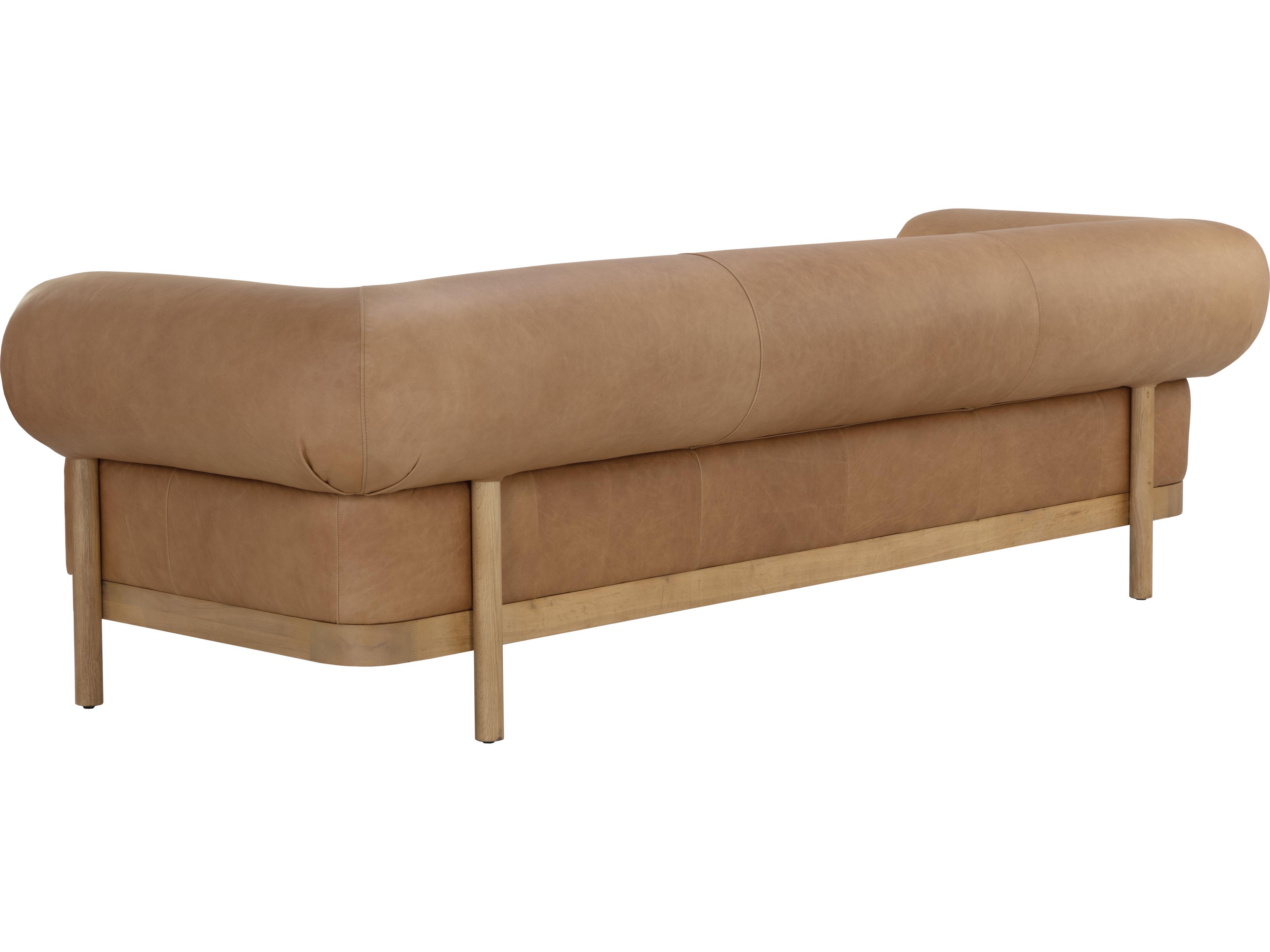 Sunpan Bromley Rustic Oak Ludlow Sesame Leather Brown Upholstered Sofa