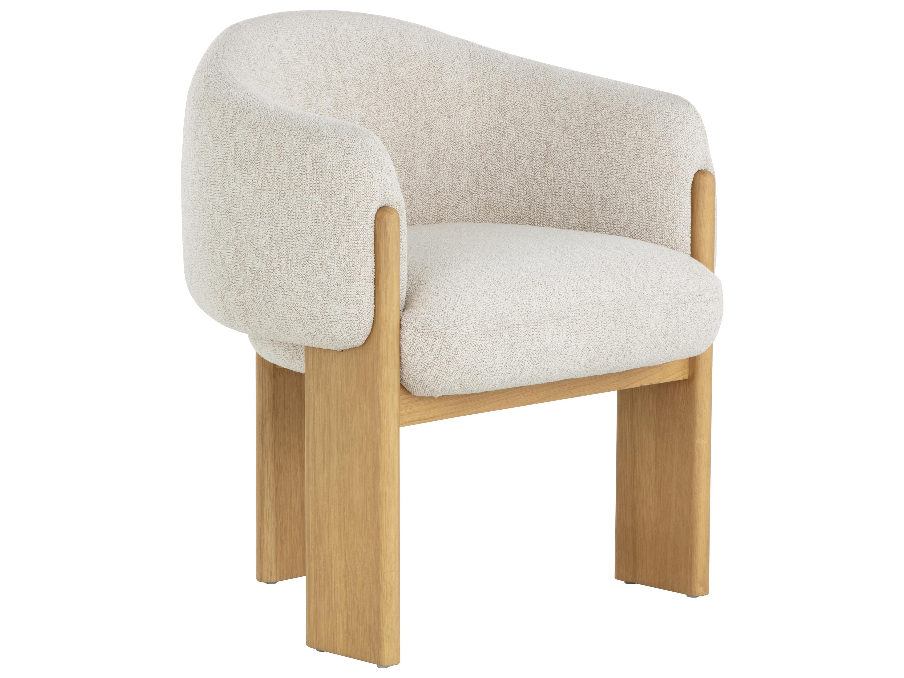 Sunpan Trine Oak Wood Beige Upholstered Arm Dining Chair