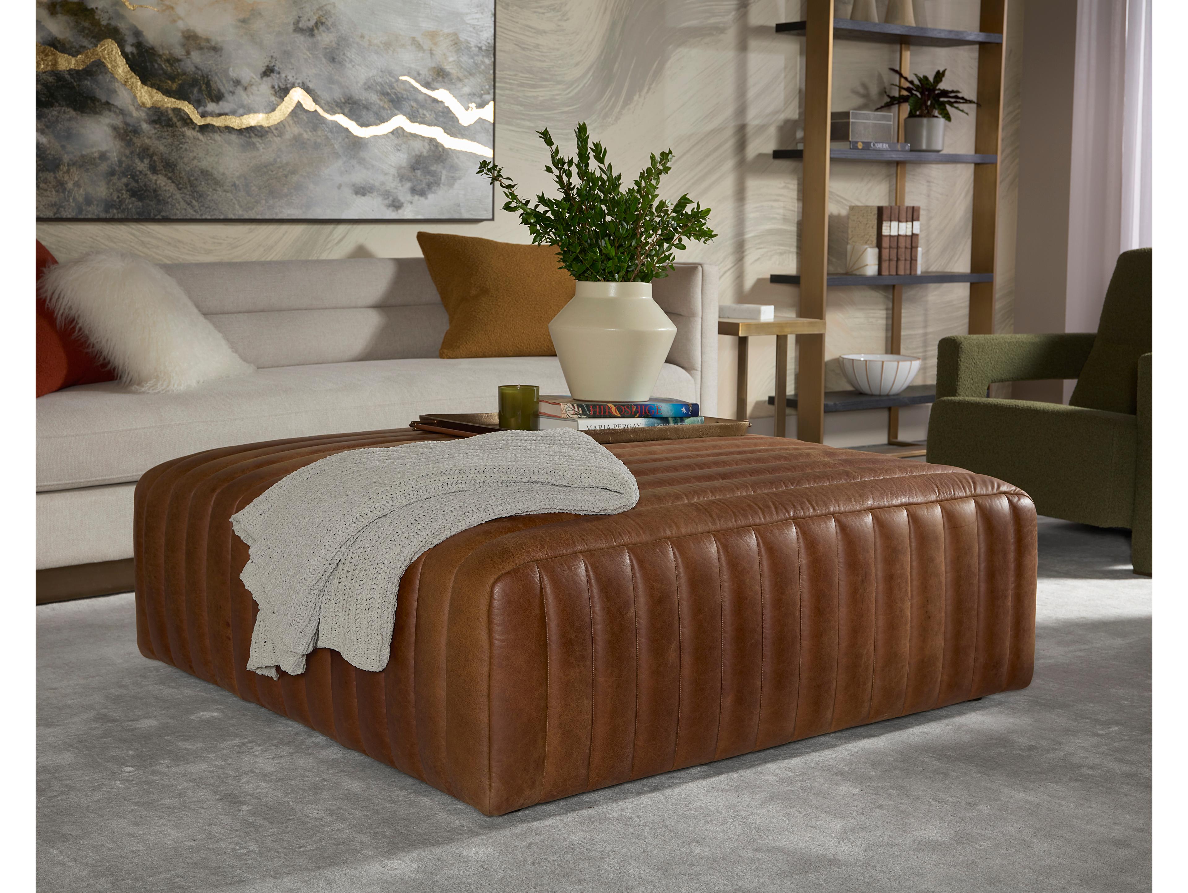 Sunpan Lewin Brown Leather Ottoman