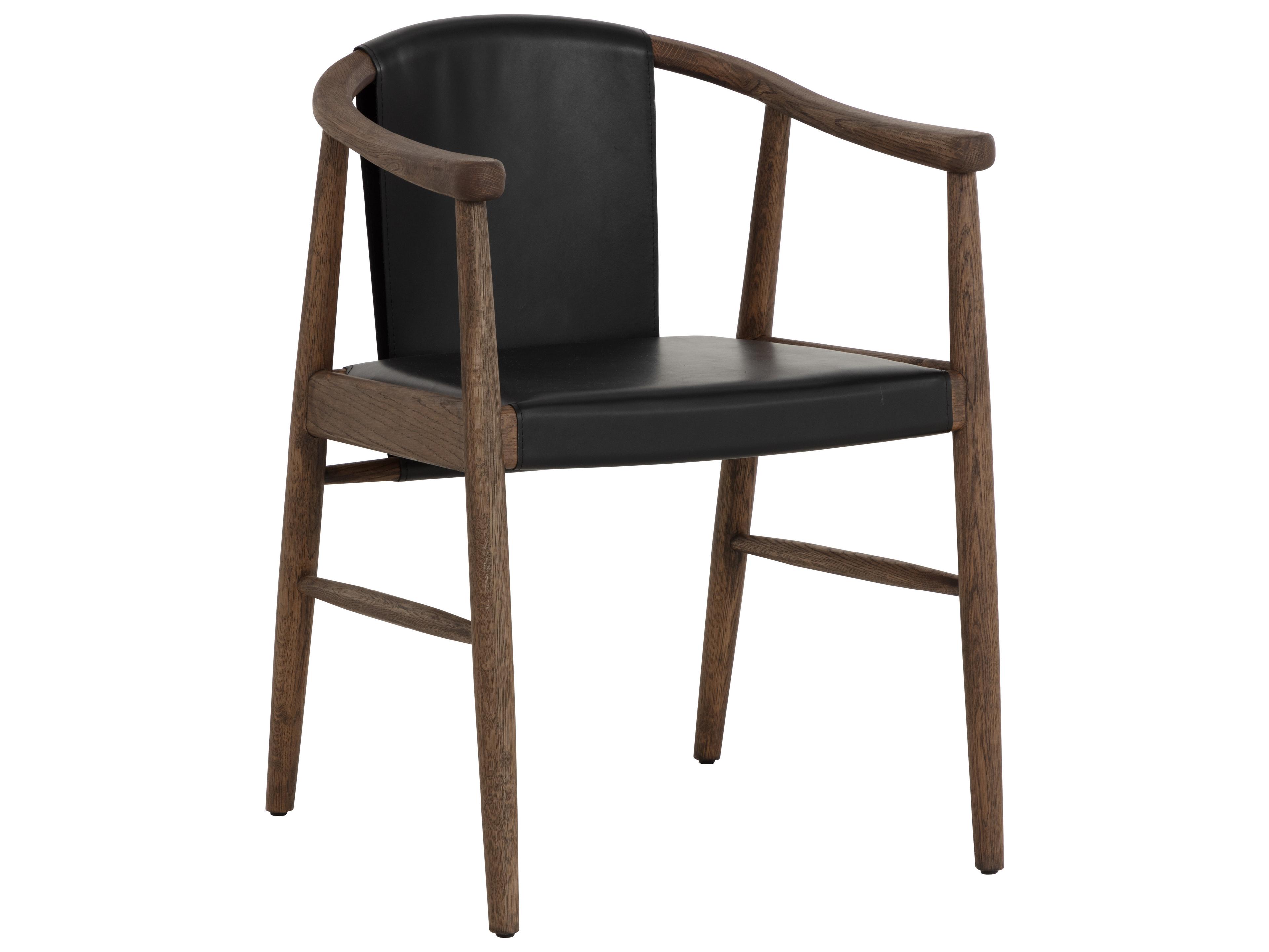 Sunpan Aran Oak Wood Black Leather Arm Dining Chair