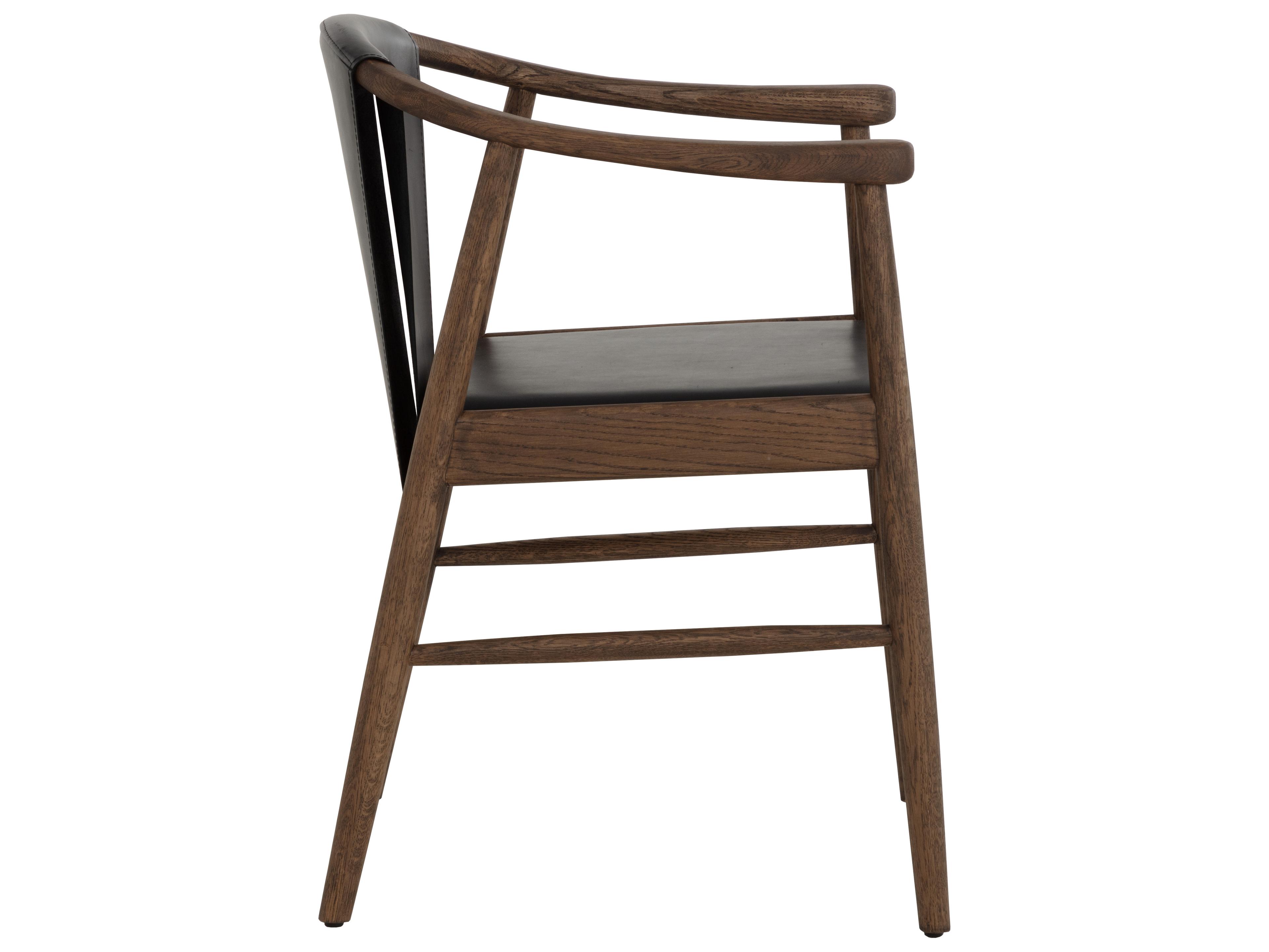 Sunpan Aran Oak Wood Black Leather Arm Dining Chair