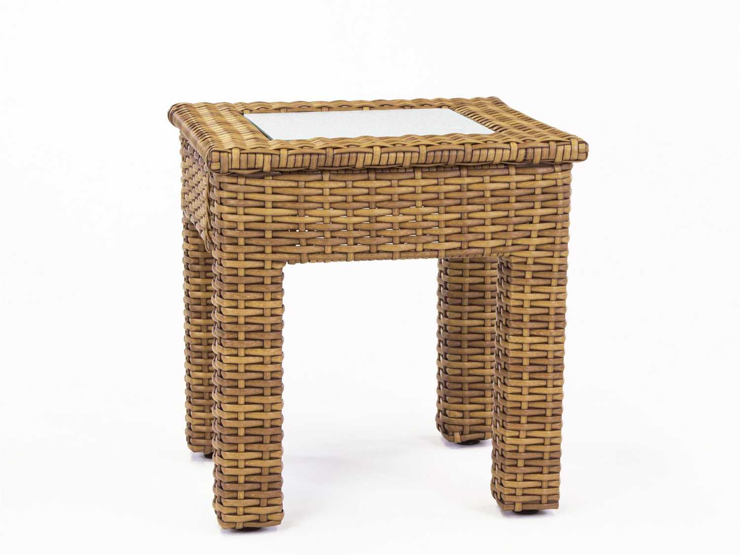 South Sea Rattan Java Wicker Honey Square Glass Top Outdoor End Table