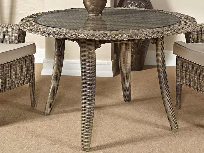 South Sea Rattan Provence Wicker Grey Patina Round Glass Top Outdoor Patio Dining Table