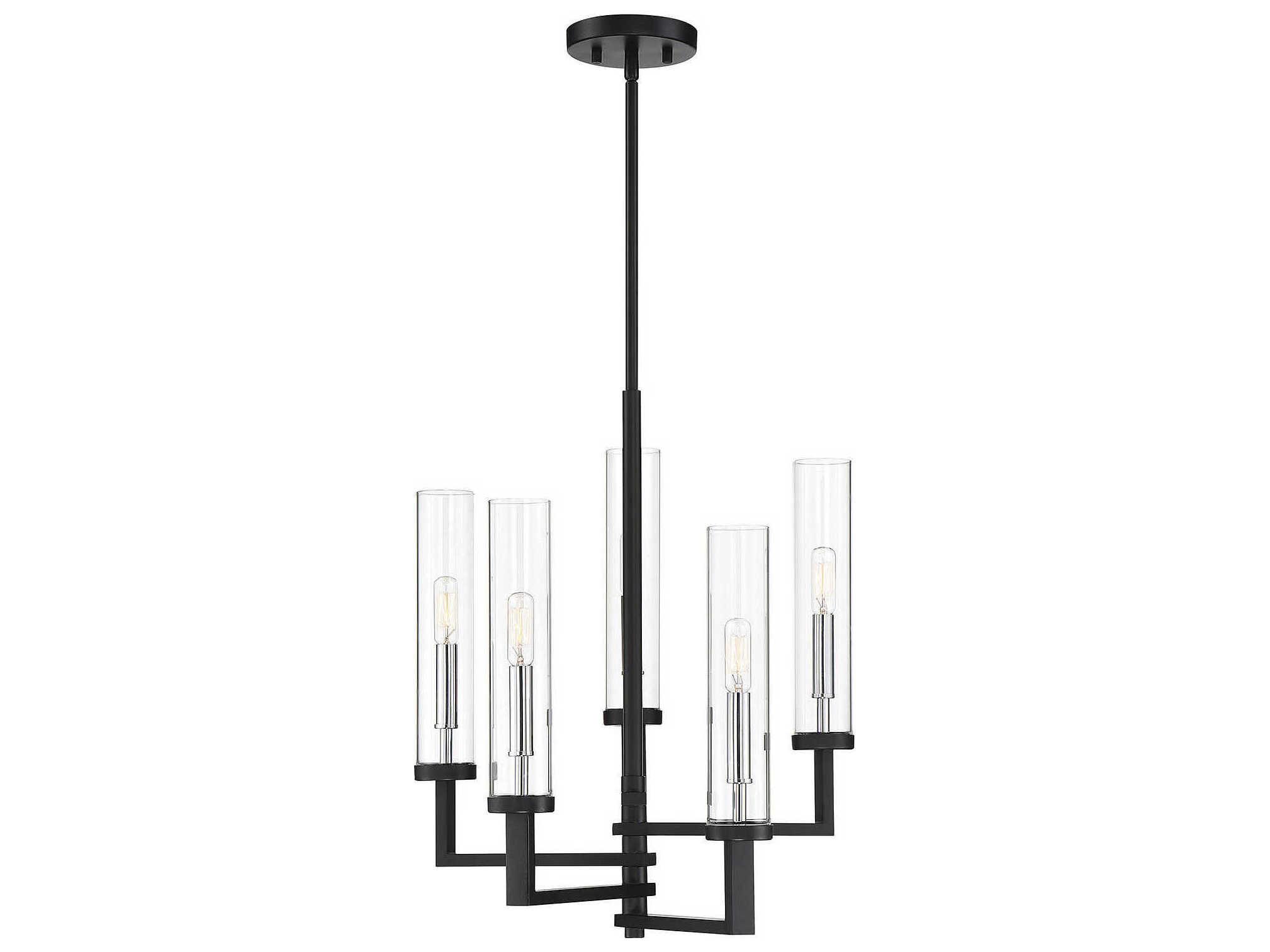 Savoy House Folsom 5-Light Matte Black Polished Chrome Glass Cylinder Chandelier