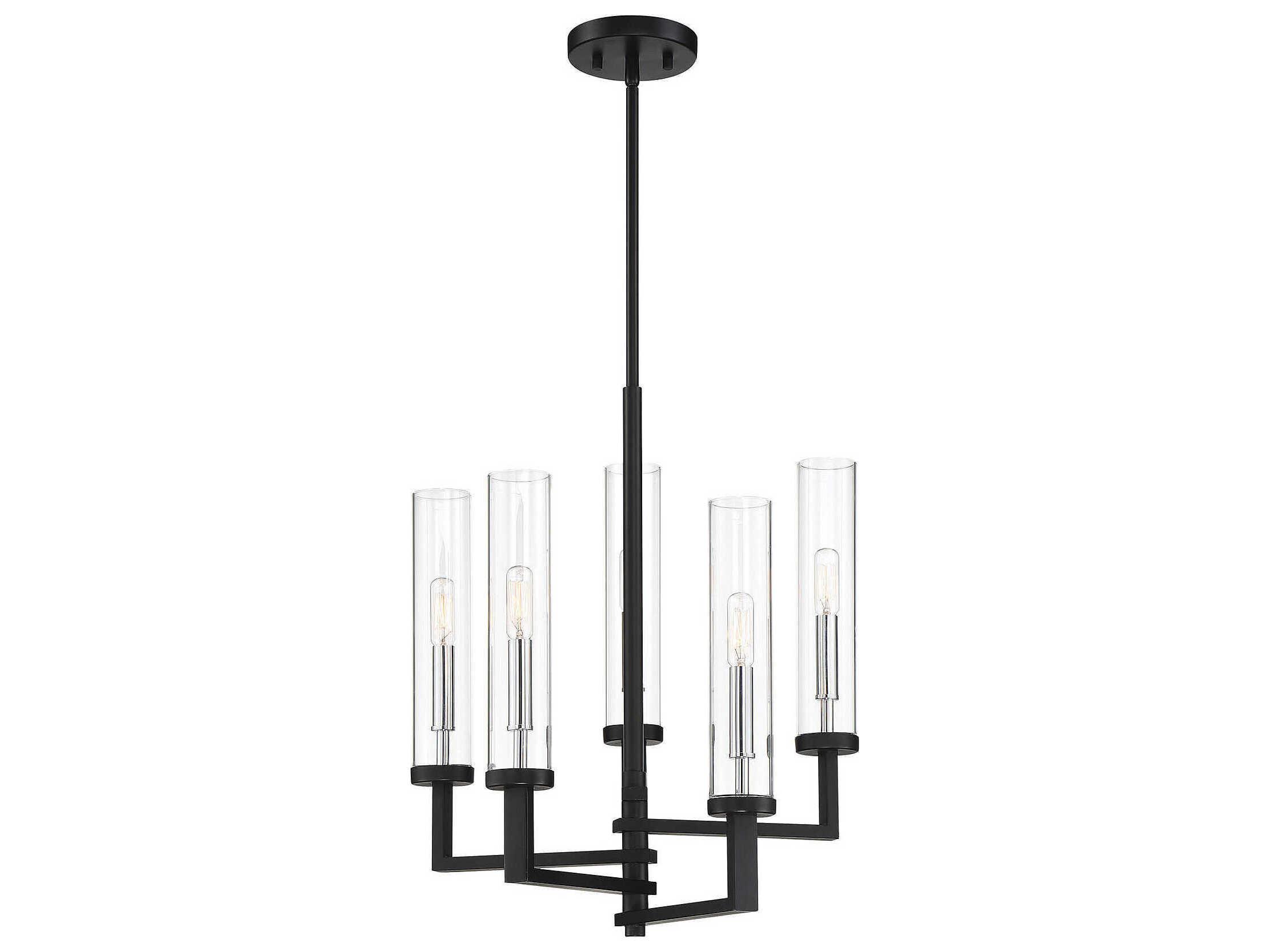 Savoy House Folsom 5-Light Matte Black Polished Chrome Glass Cylinder Chandelier