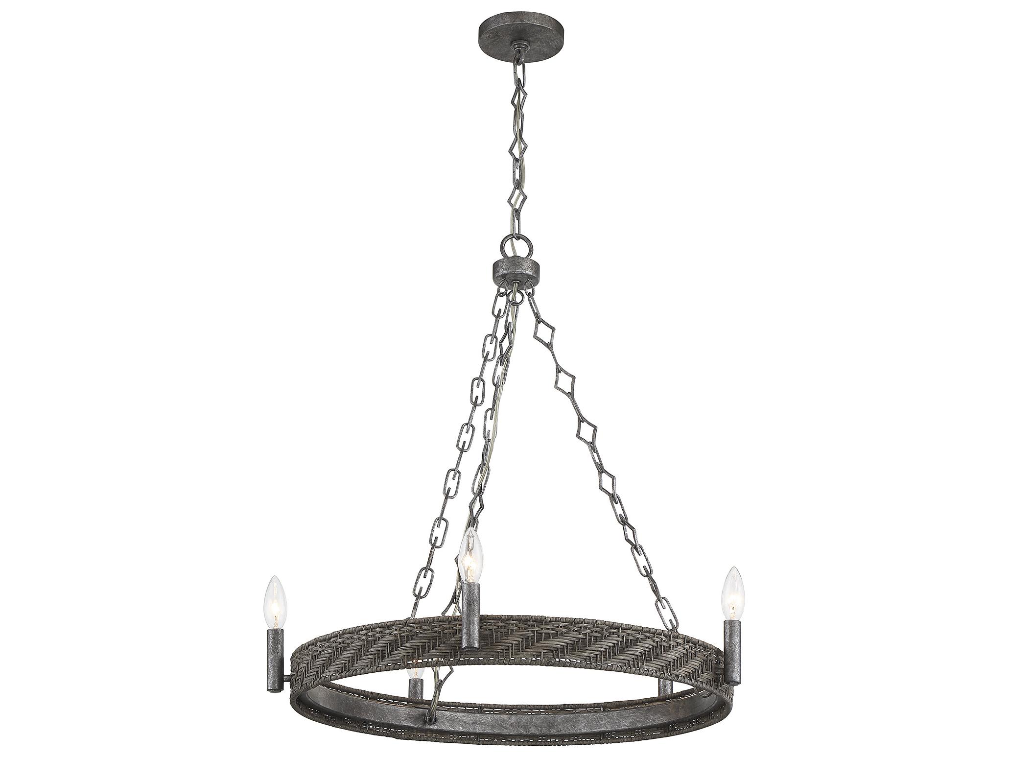 Savoy House Tripoli 5-Light Mottled Zinc Gray Rattan Wood Candelabra Geometric Round Chandelier
