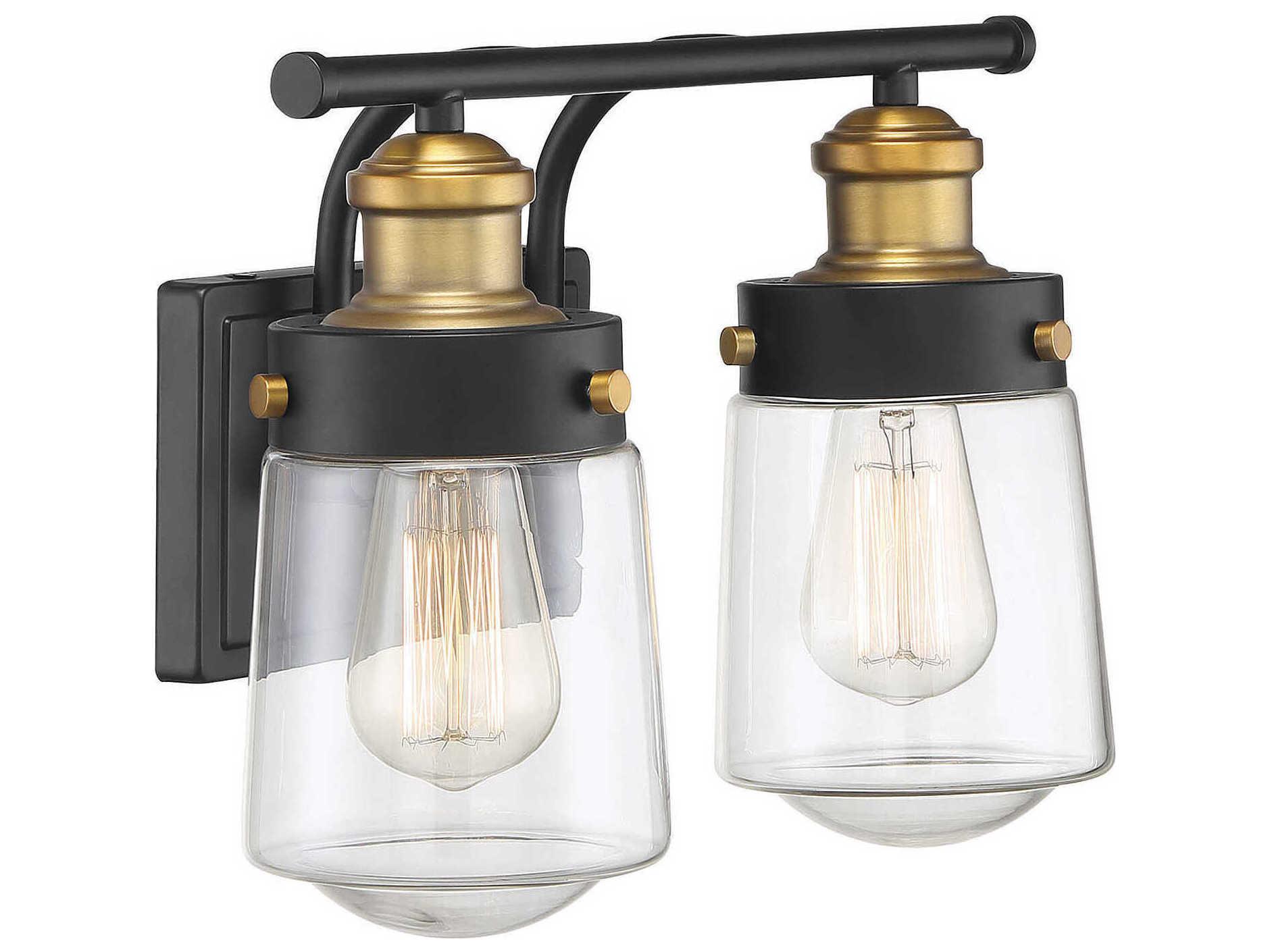 Savoy House Macauley 2-Light Vintage Black Warm Brass Glass Vanity Light