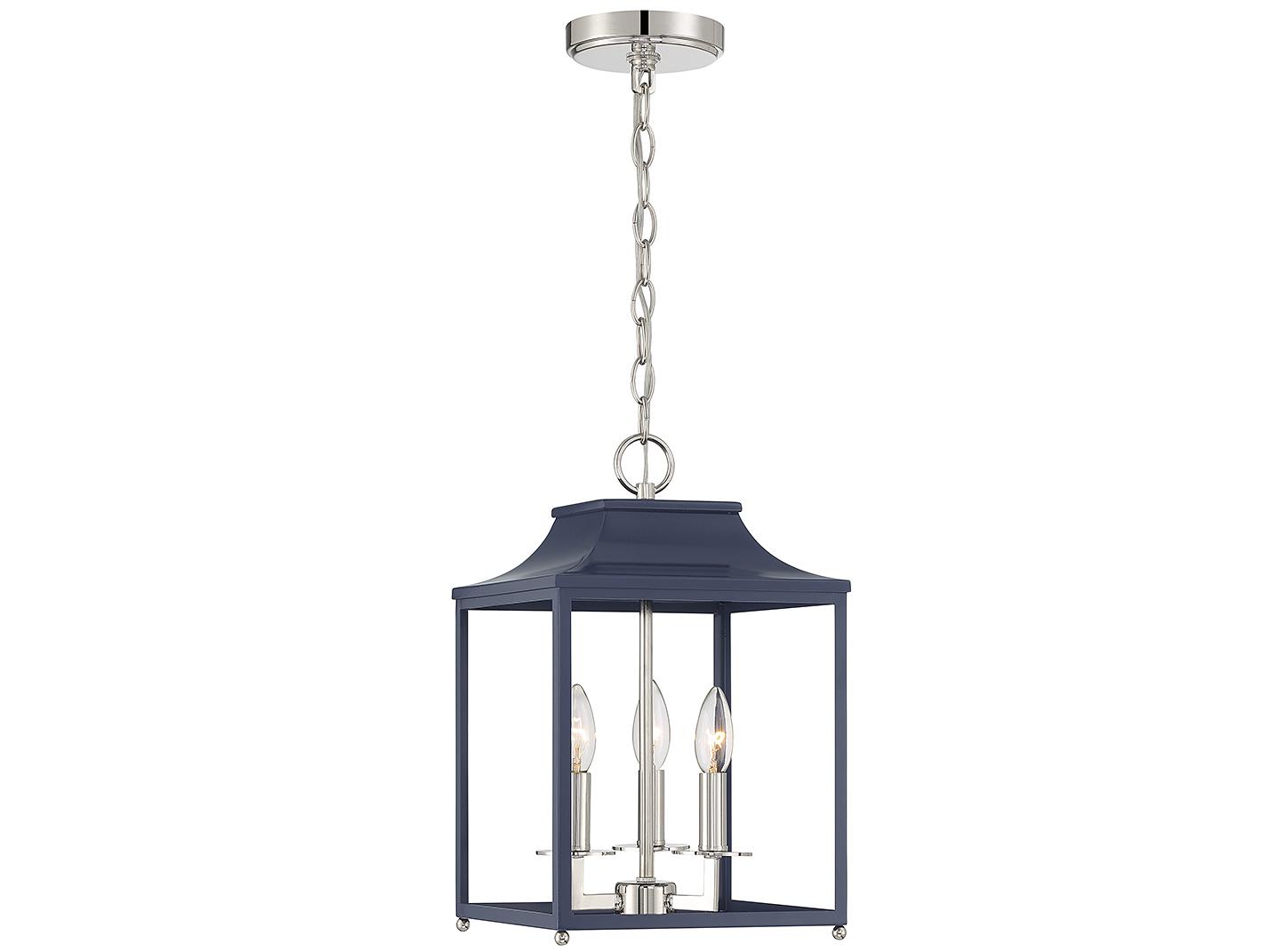 Savoy House Meridian 3-Light Navy Blue Polished Nickel Lantern Mini Pendant