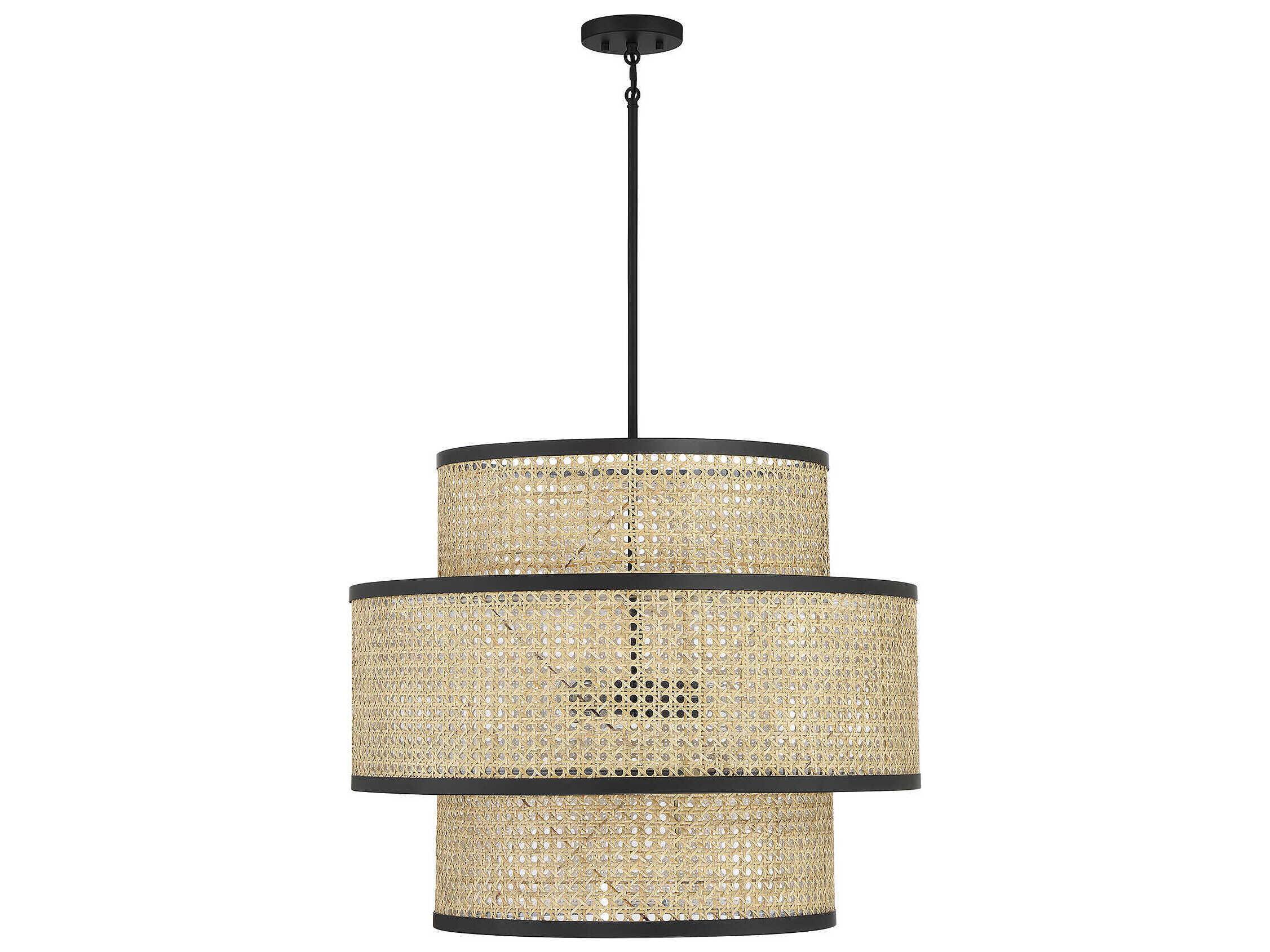 Savoy House Meridian 3-Light Natural Cane Matte Black Drum Tiered Pendant