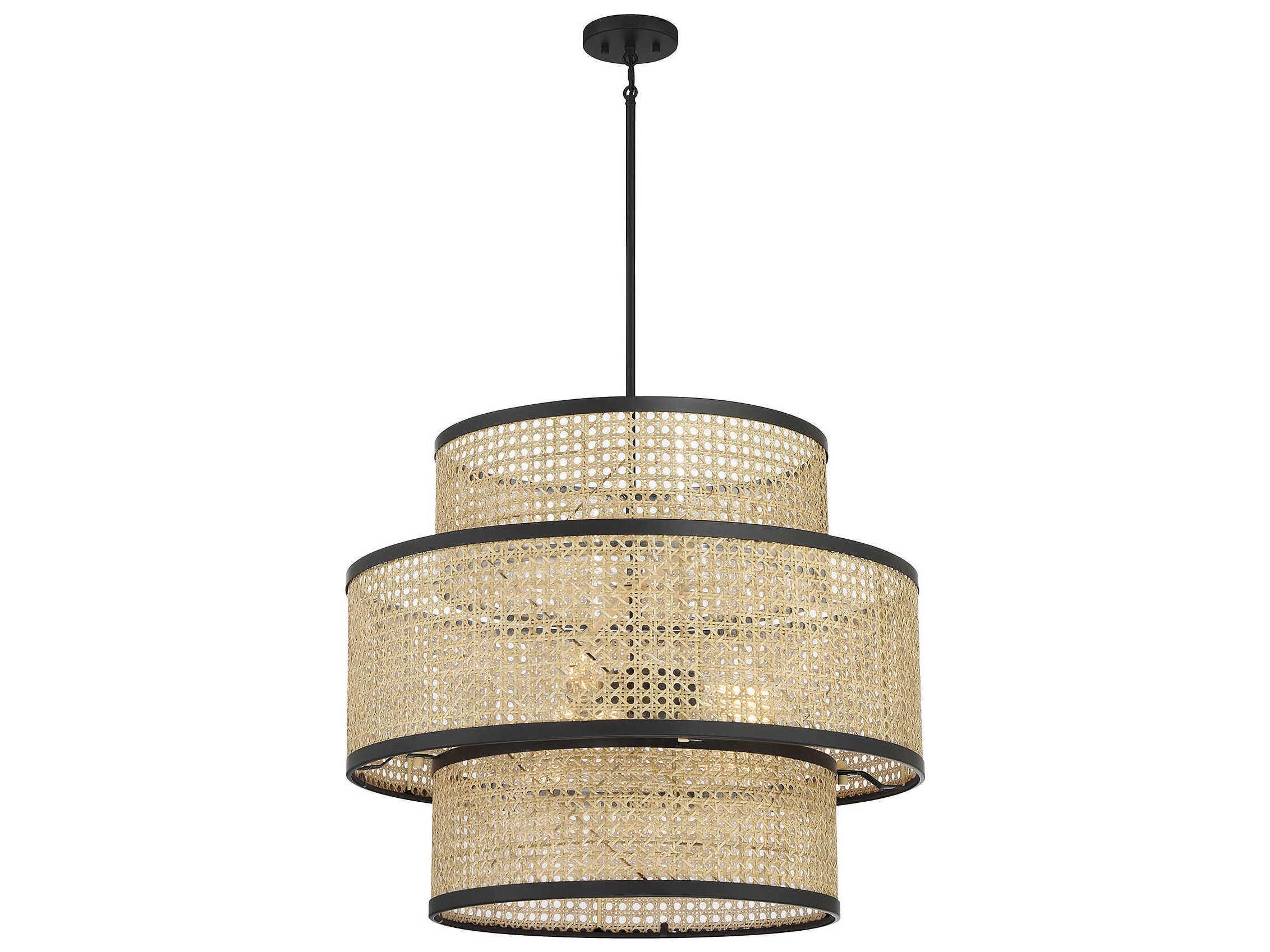 Savoy House Meridian 3-Light Natural Cane Matte Black Drum Tiered Pendant
