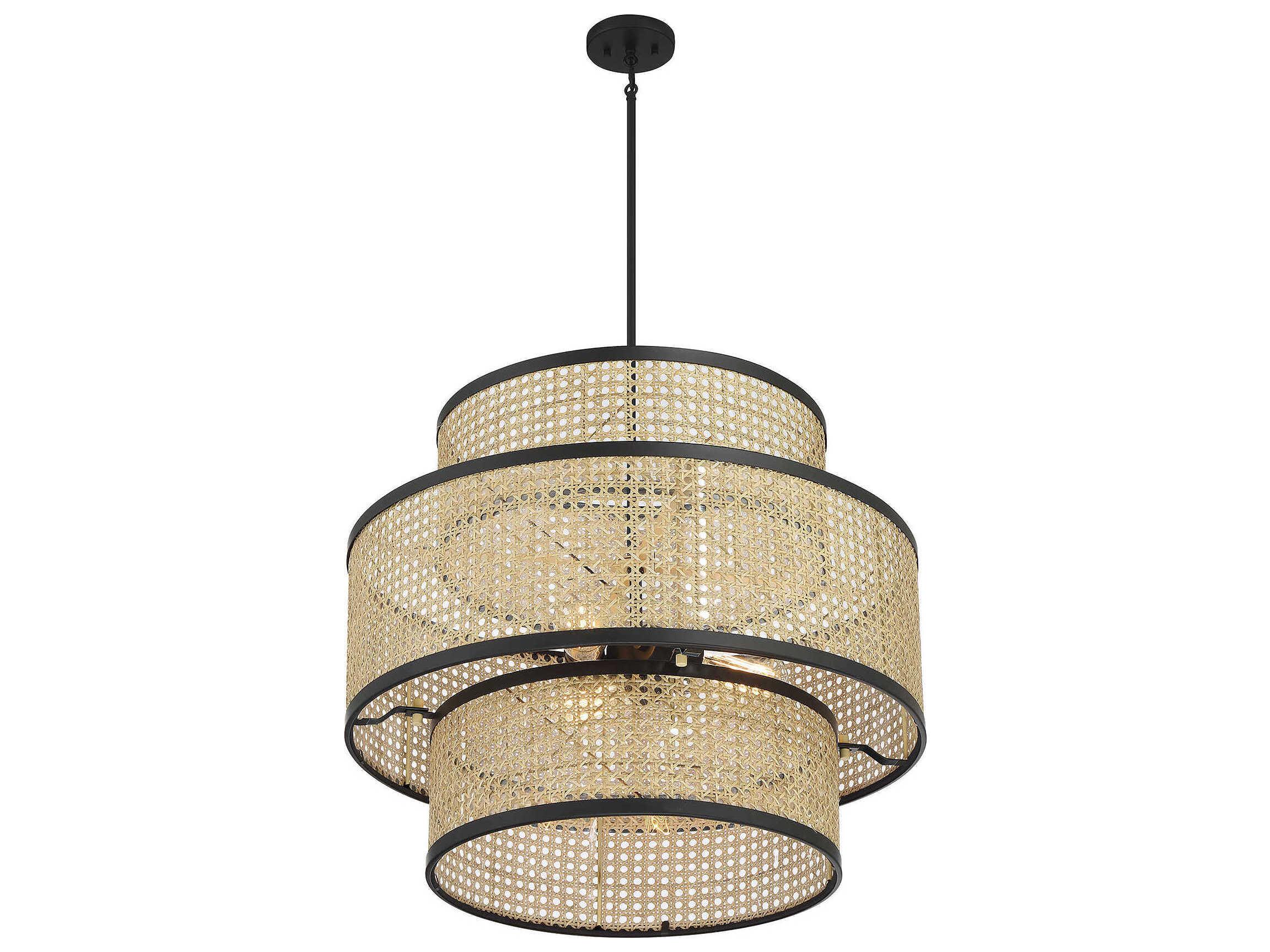 Savoy House Meridian 3-Light Natural Cane Matte Black Drum Tiered Pendant