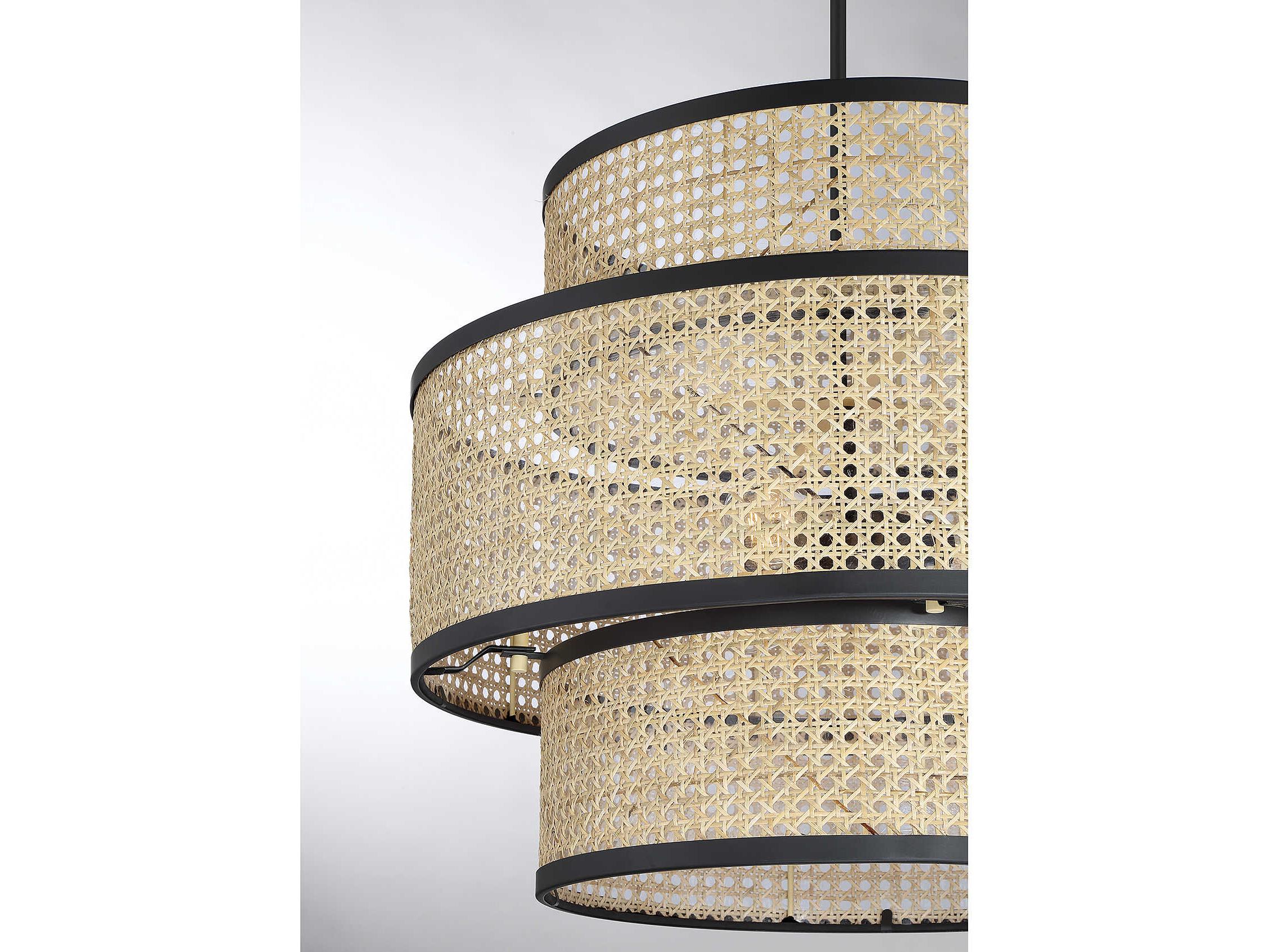 Savoy House Meridian 3-Light Natural Cane Matte Black Drum Tiered Pendant