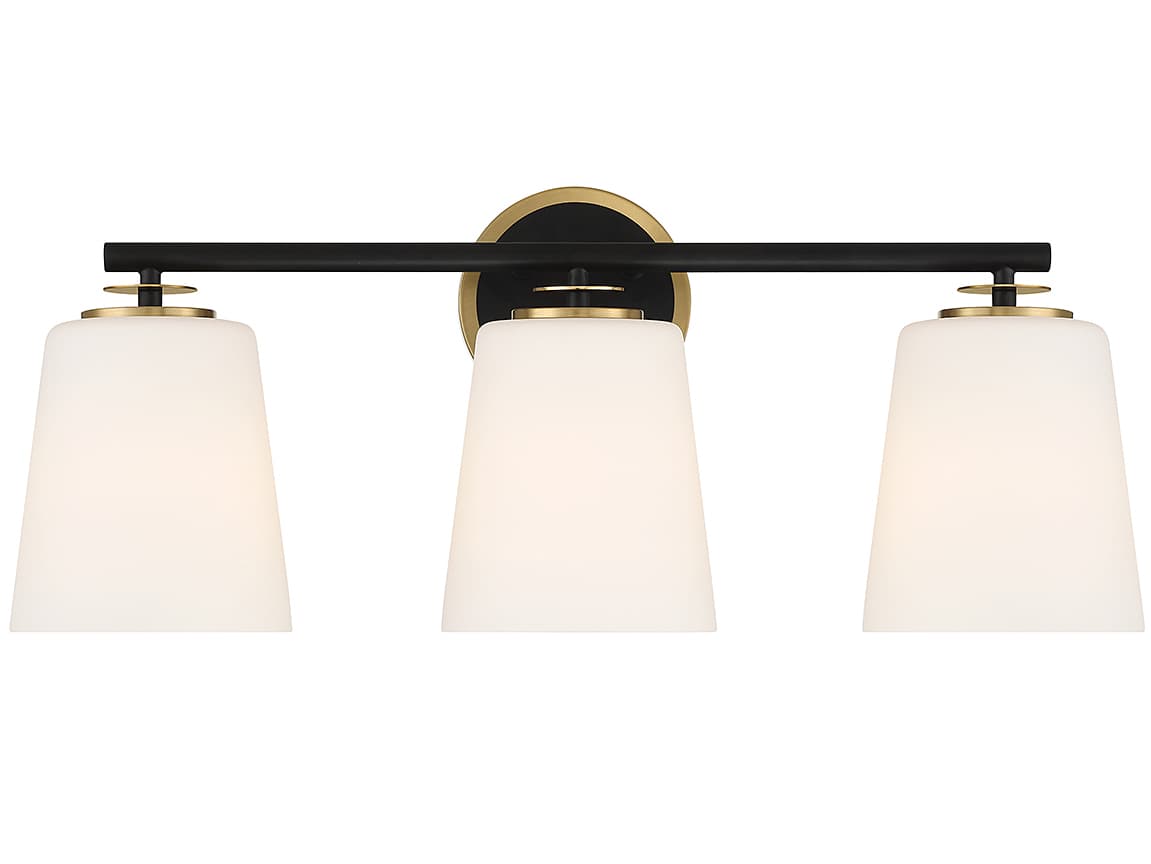 Savoy House Meridian 3-Light Matte Black Natural Brass Glass Vanity Light