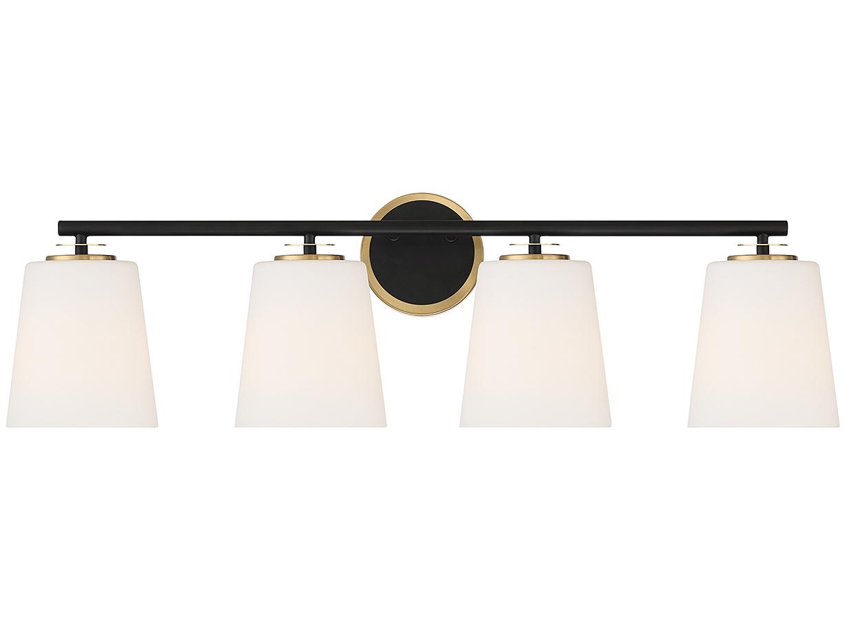 Savoy House Meridian 4-Light Matte Black Natural Brass Glass Vanity Light