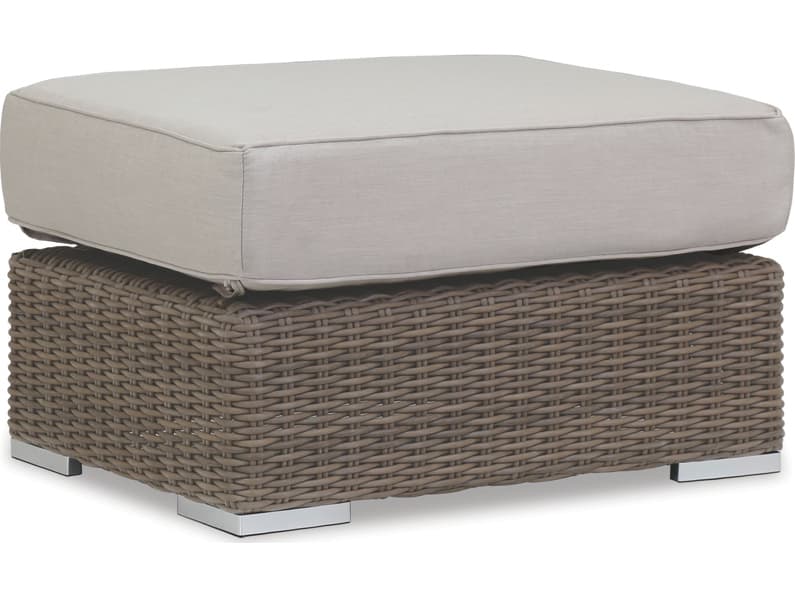Sunset West Coronado Wicker Driftwood Outdoor Patio Ottoman in Canvas Flax with Self Welt