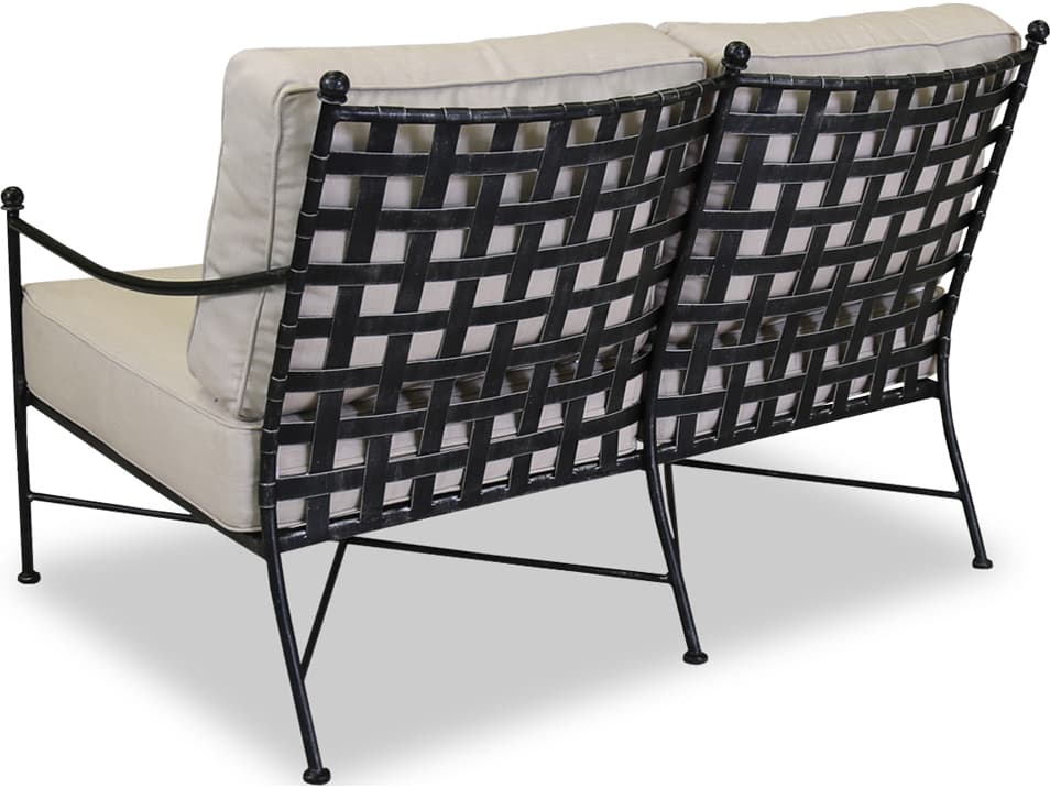 Sunset West Provence Wrought Iron Outdoor Loveseat in Canvas Flax with Self Welt