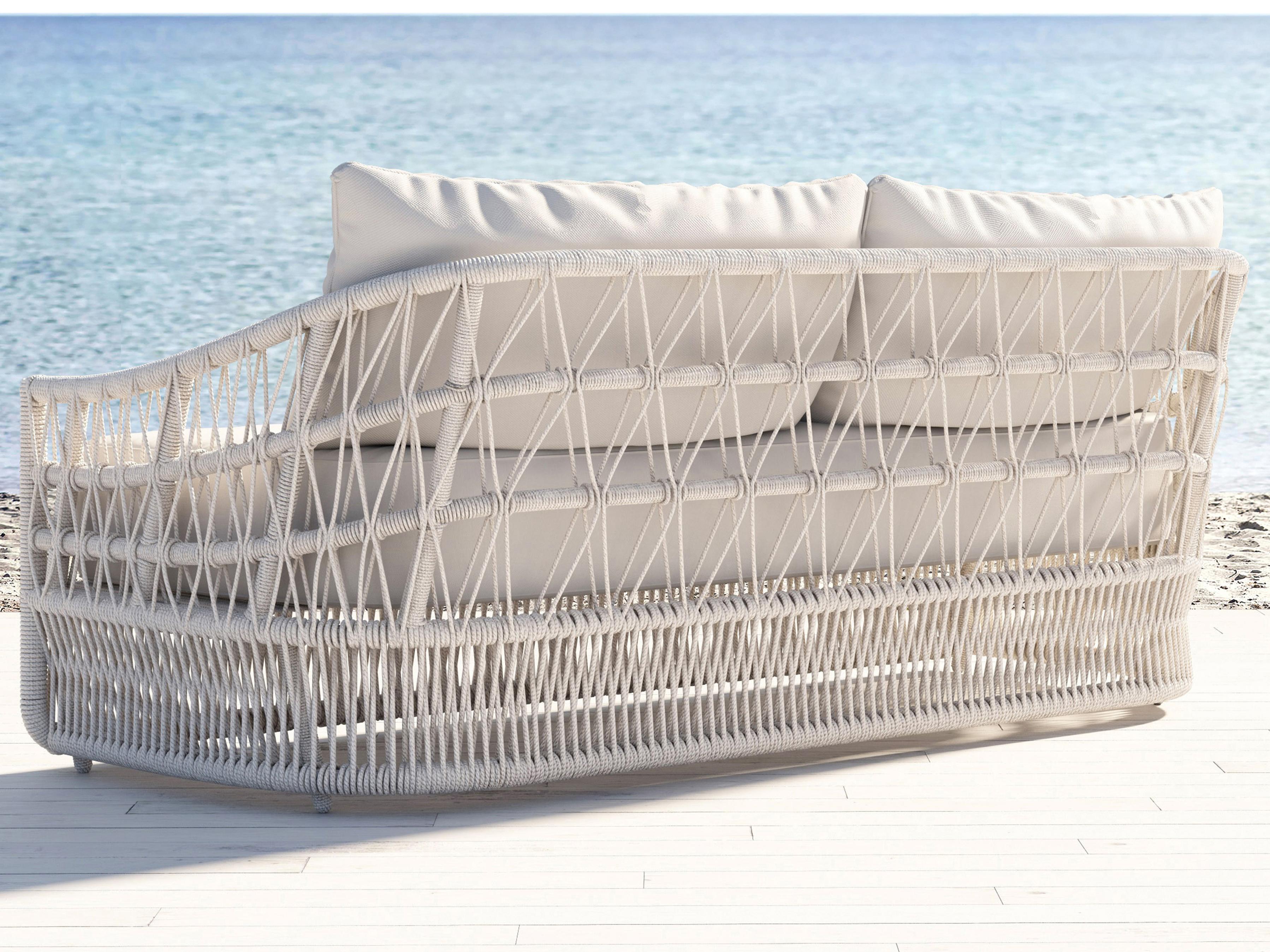 Sunset West Dana Wicker Cushion Outdoor Sofa in Linen Canvas with Self Welt