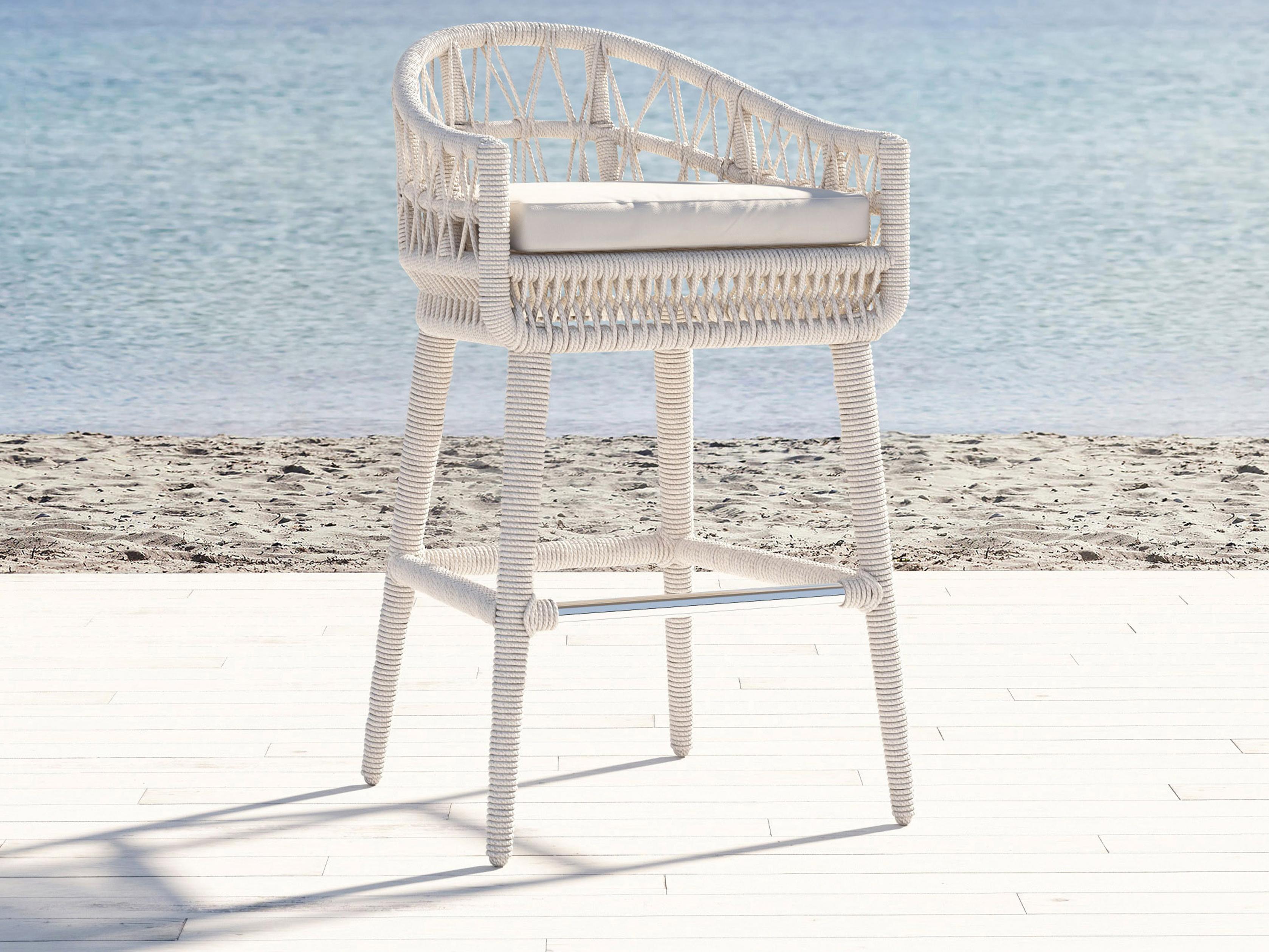 Sunset West Dana Wicker Cushion Outdoor Bar Stool in Linen Canvas with Self Welt