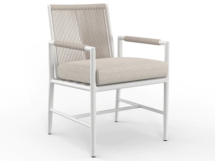Sunset West Sabbia Aluminum Natural Rope with Satin White Patio Dining Arm Chair in Echo Ash