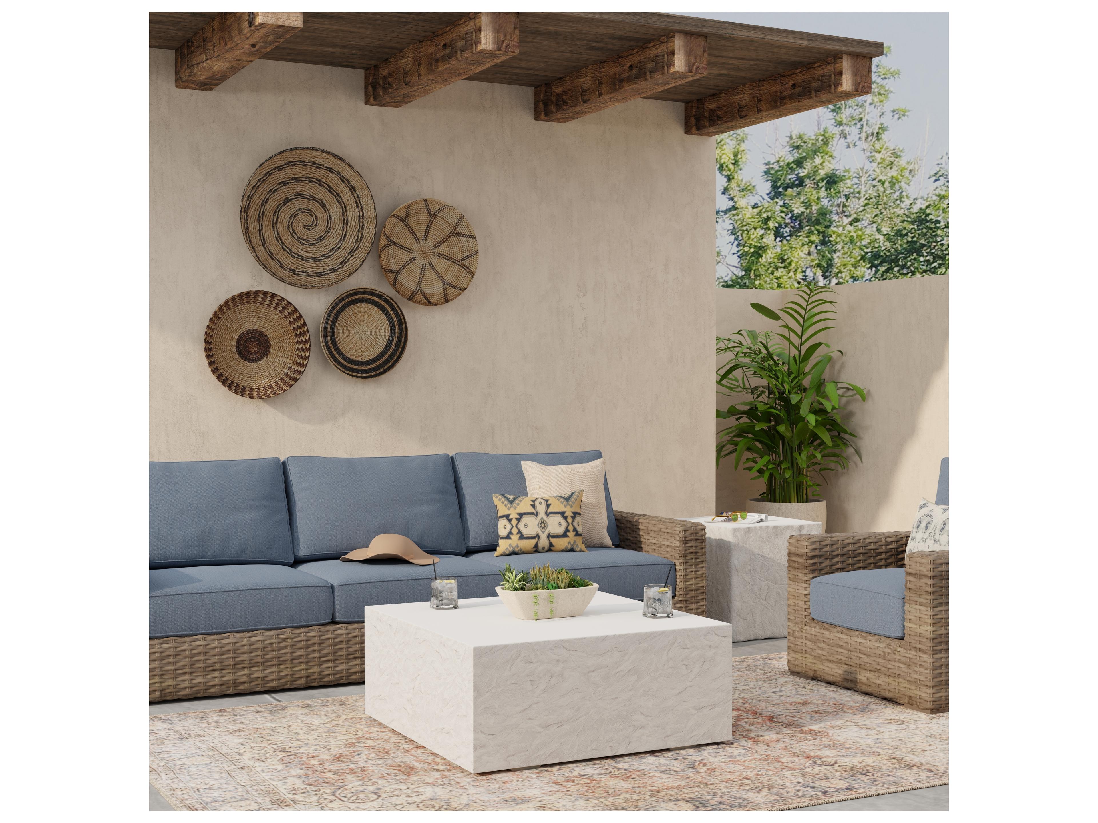 Sunset West Antique Stone Resin Bone White Square Patio Coffee Table